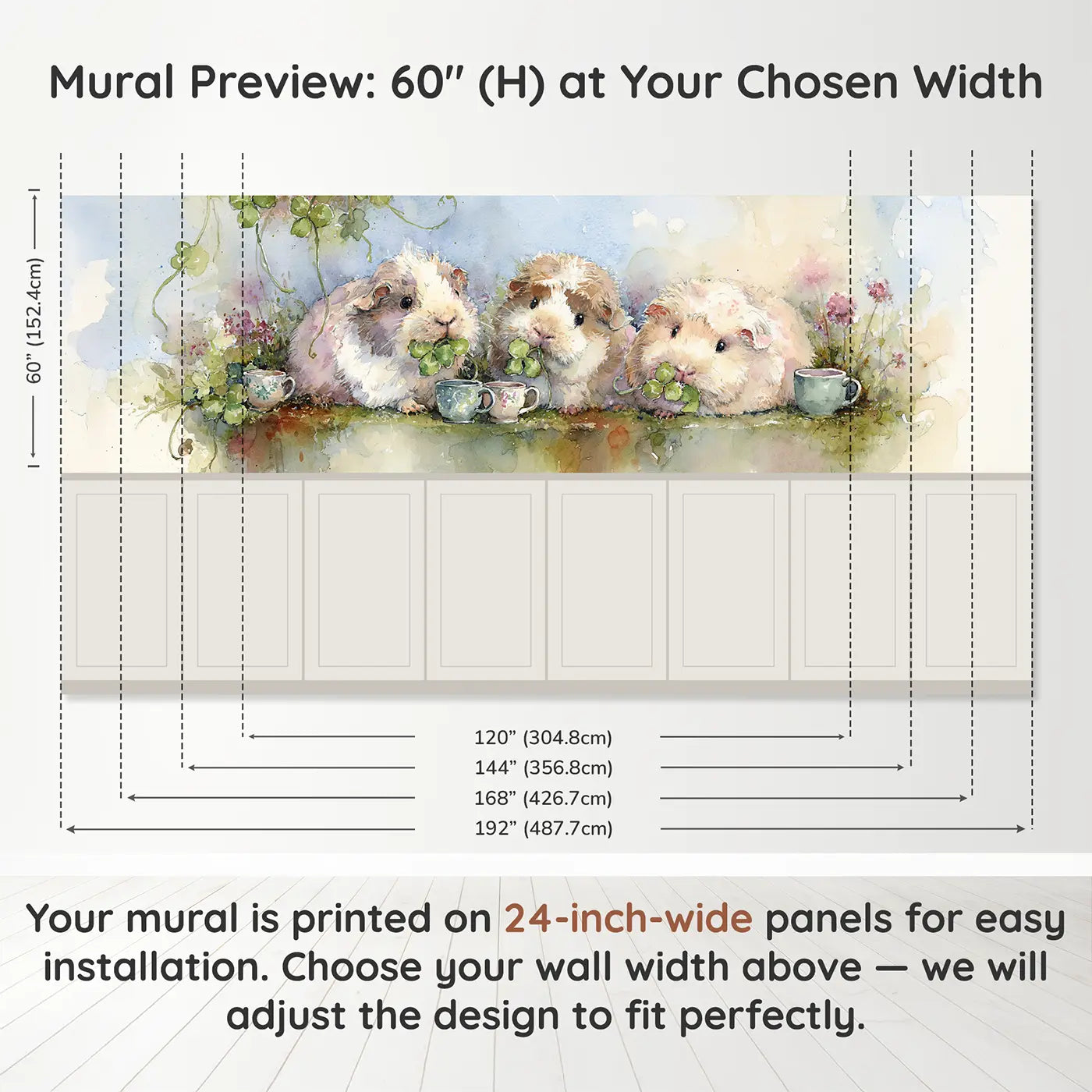 Panel dimensions for Guinea Pig Tea Garden Clover Wainscoting Wallpaper by Whimsy Tots