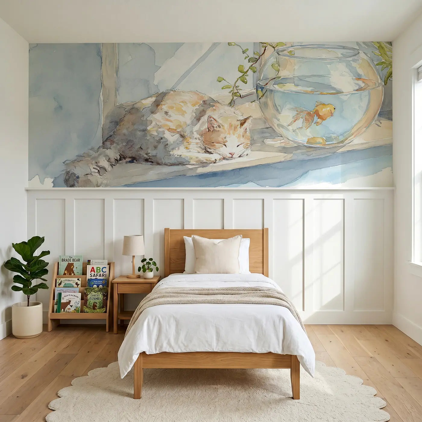 Watercolor goldfish bowl window sunlight wainscoting wallpaper for nursery by Whimsy Tots.