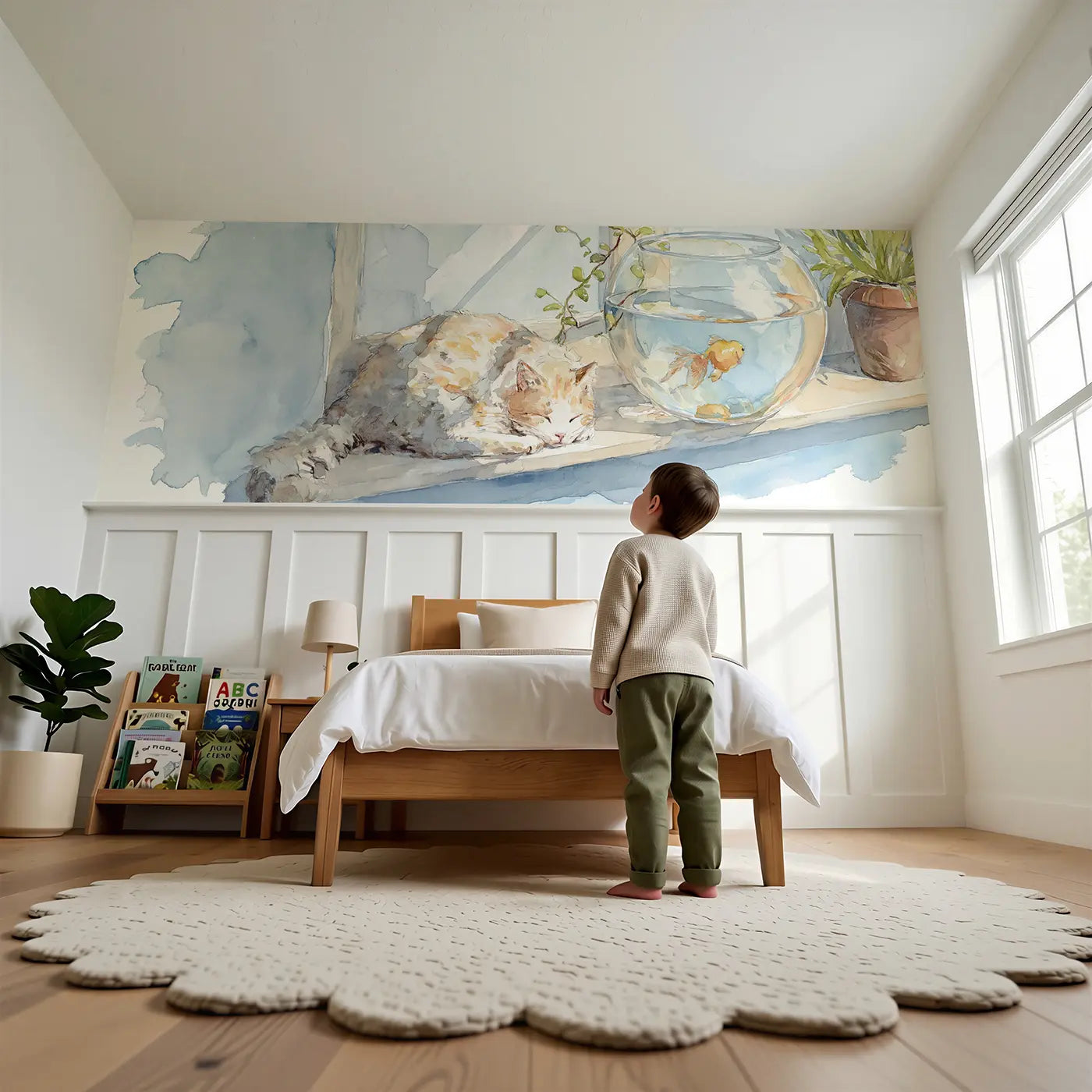 Child reading near Goldfish Bowl Window Sunlight Wainscoting Wallpaper by Whimsy Tots