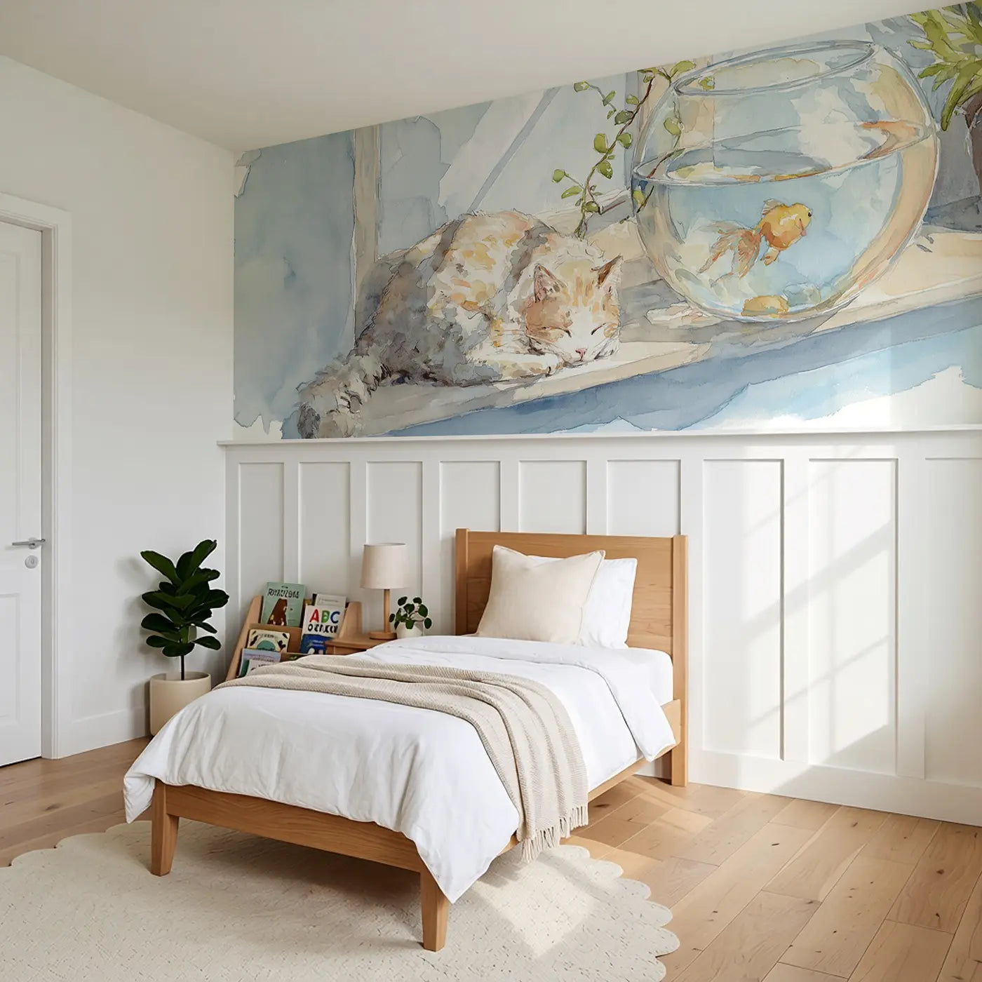 Goldfish Bowl Window Sunlight Wainscoting Wallpaper styled in a kids bedroom by Whimsy Tots