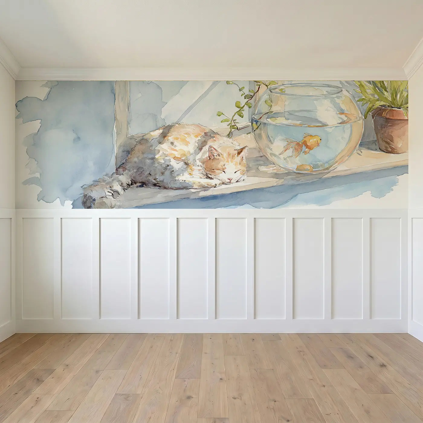 Full panel view of Goldfish Bowl Window Sunlight Wainscoting Wallpaper by Whimsy Tots