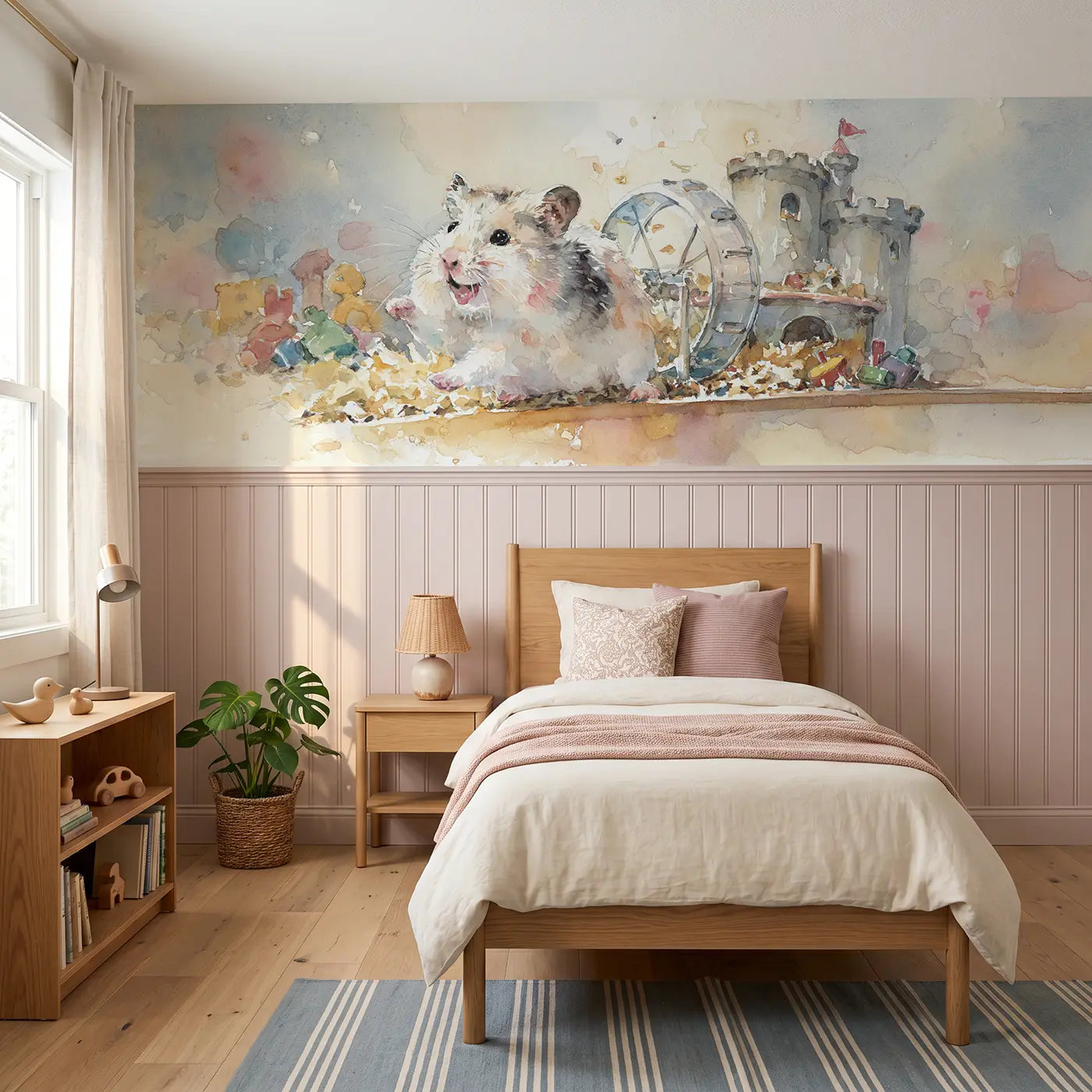 Watercolor hamster wheel playroom day wainscoting wallpaper for bedroom by Whimsy Tots.