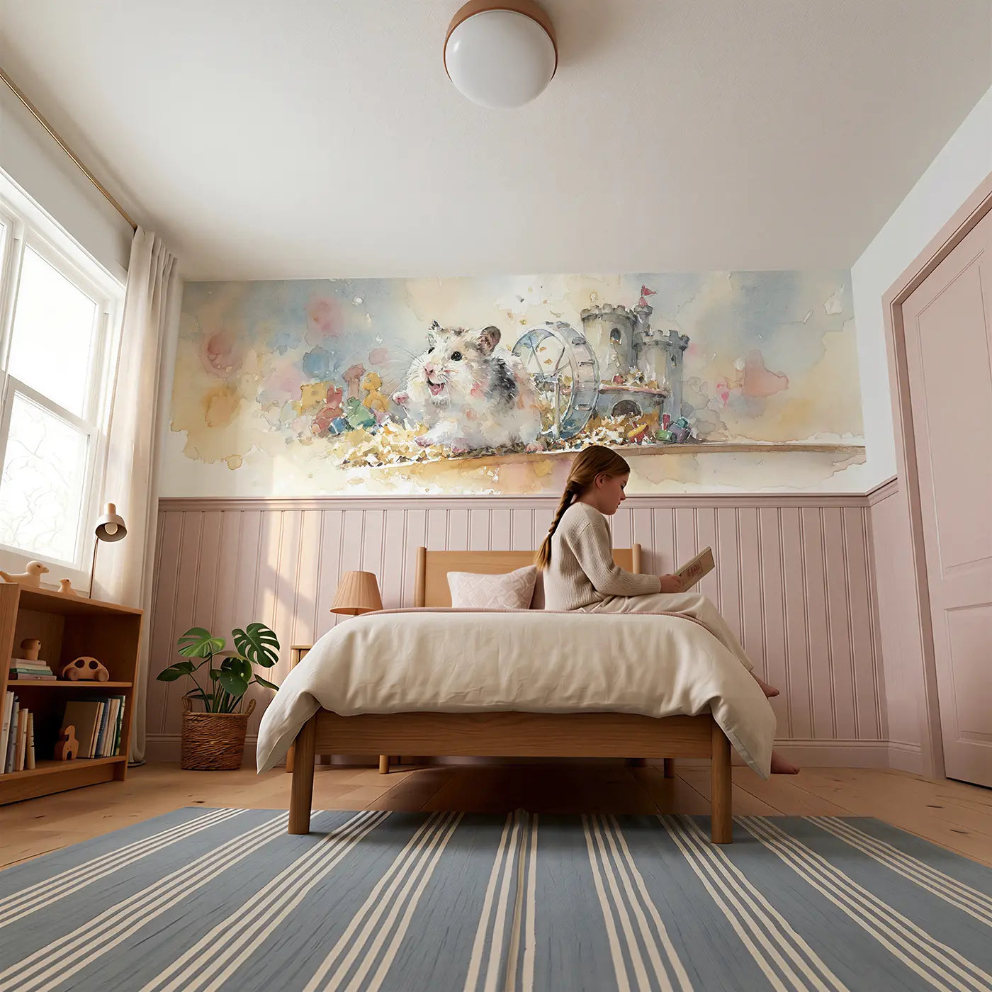 Child reading near Hamster Wheel Playroom Day Wainscoting Wallpaper by Whimsy Tots