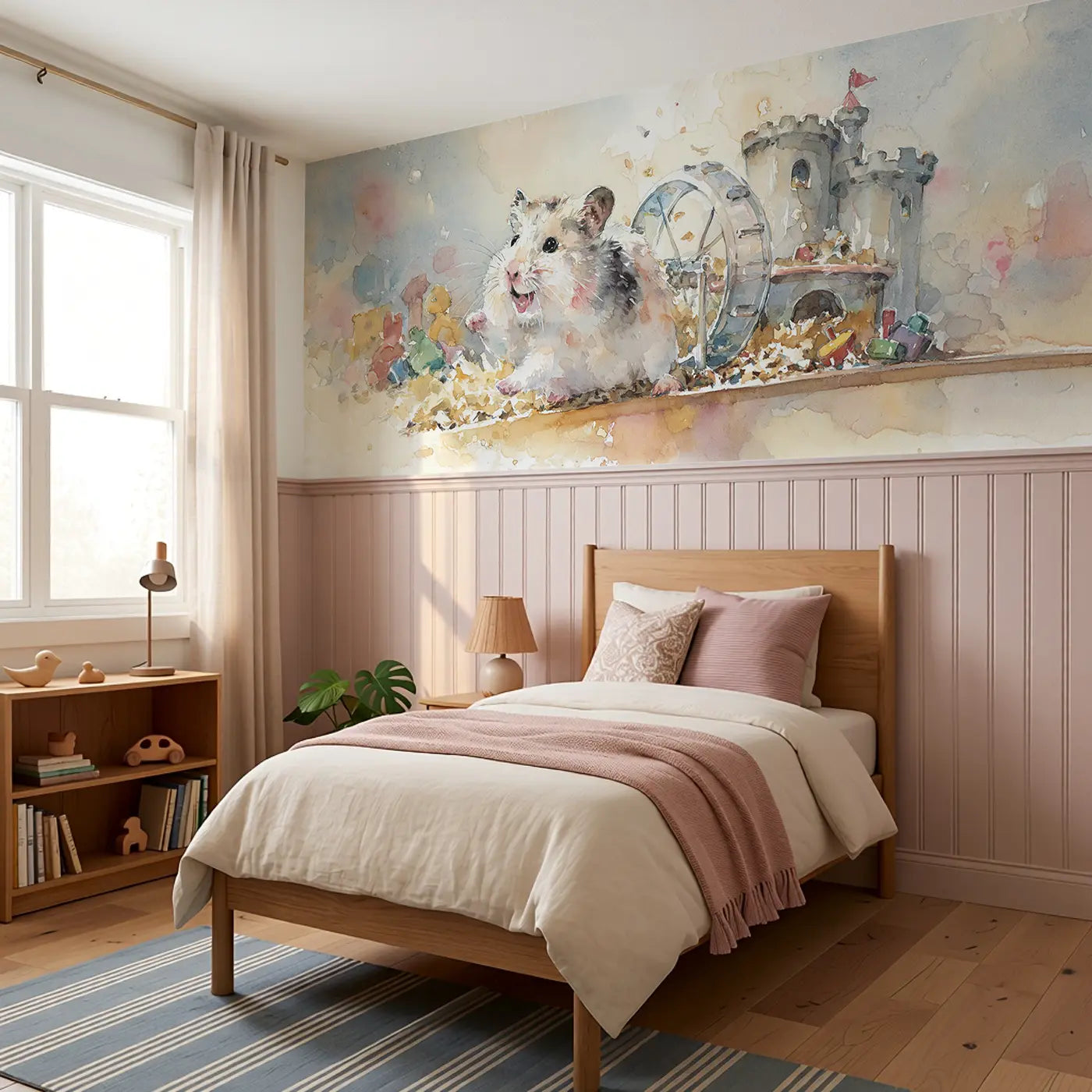 Hamster Wheel Playroom Day Wainscoting Wallpaper styled in a kids bedroom by Whimsy Tots