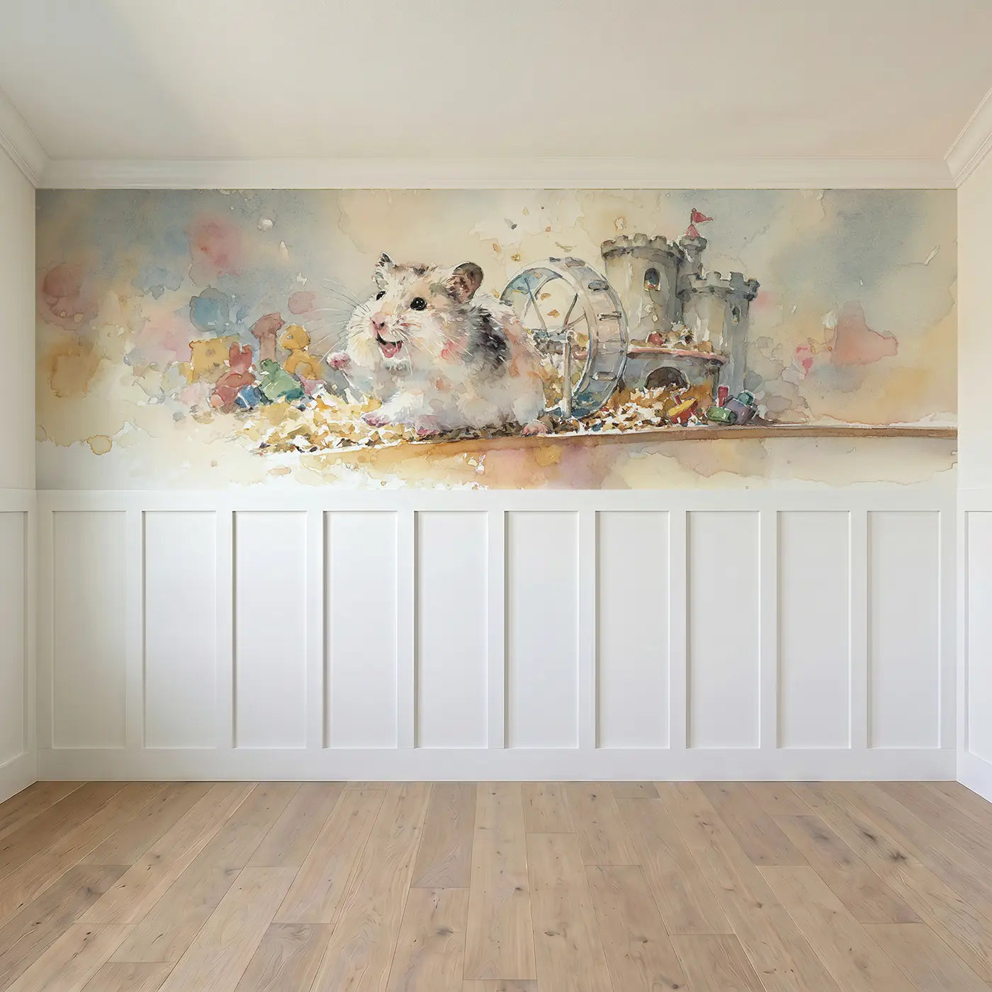 Full panel view of Hamster Wheel Playroom Day Wainscoting Wallpaper by Whimsy Tots