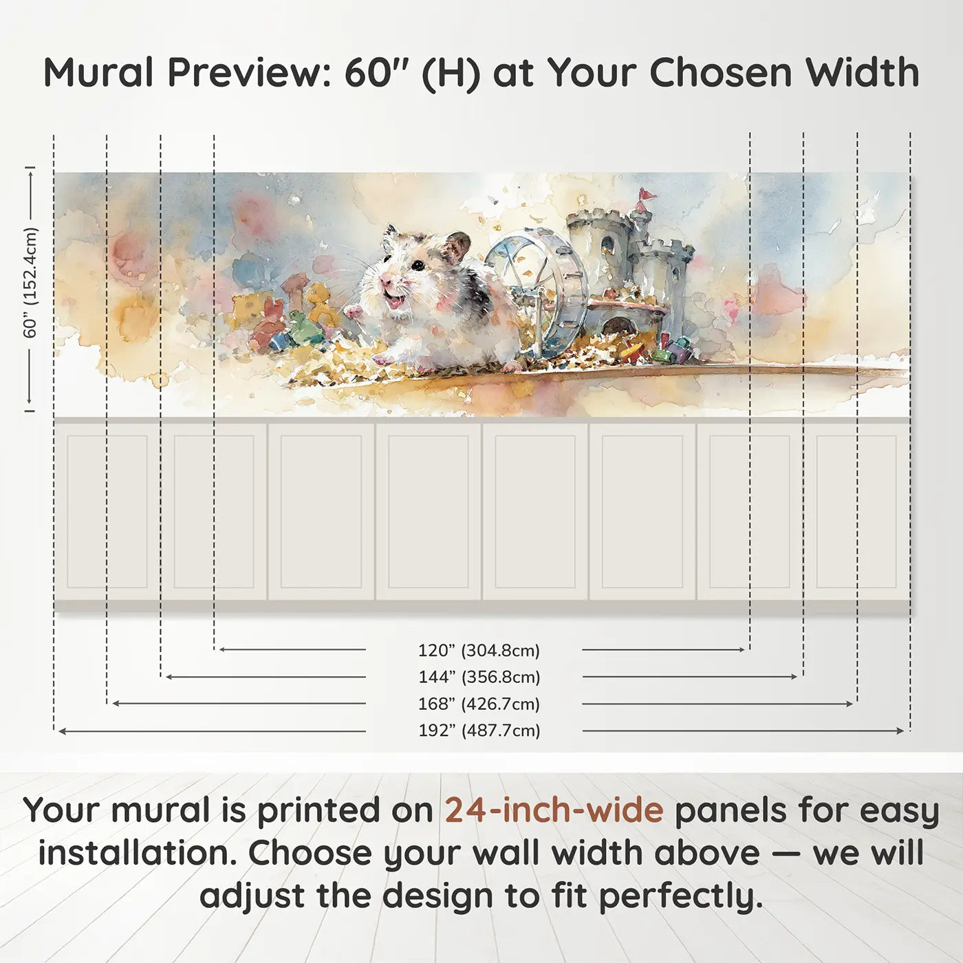 Panel dimensions for Hamster Wheel Playroom Day Wainscoting Wallpaper by Whimsy Tots