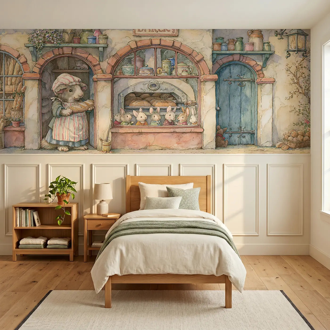 Storybook dog bakery morning shop wainscoting wallpaper for bedroom by Whimsy Tots.