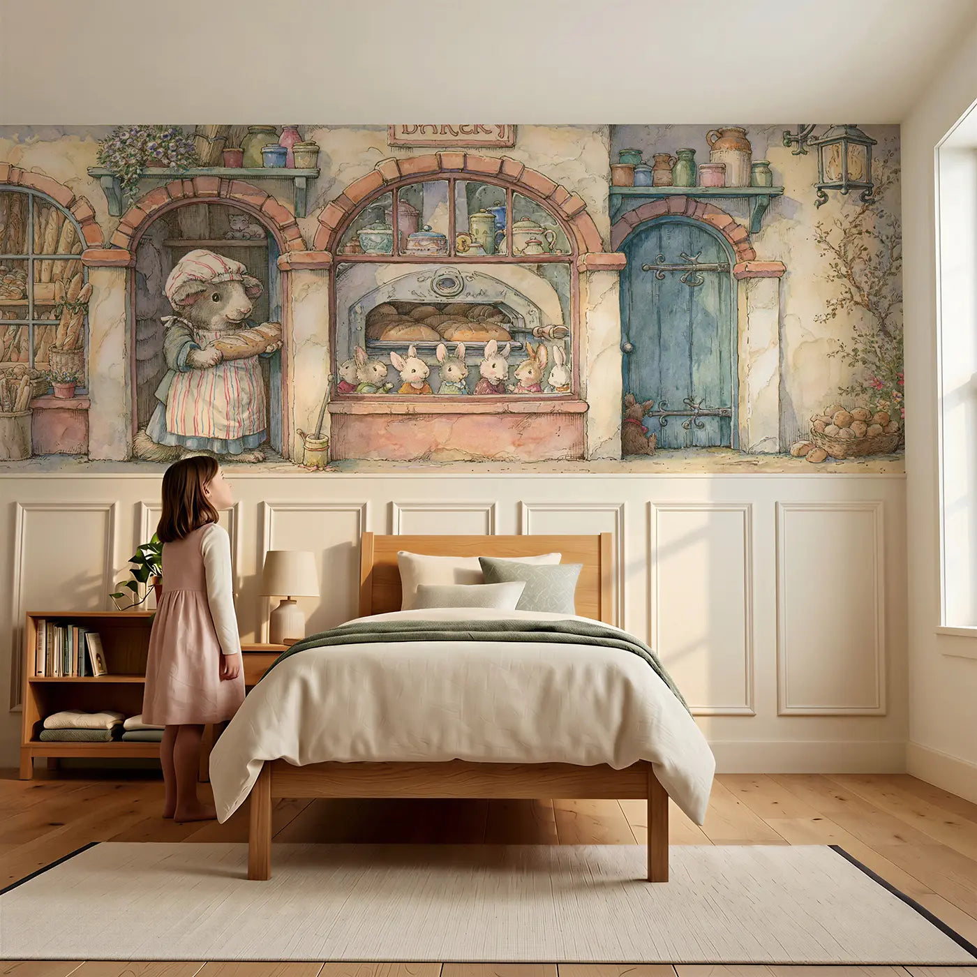 Child reading near Dog Bakery Morning Shop Wainscoting Wallpaper by Whimsy Tots