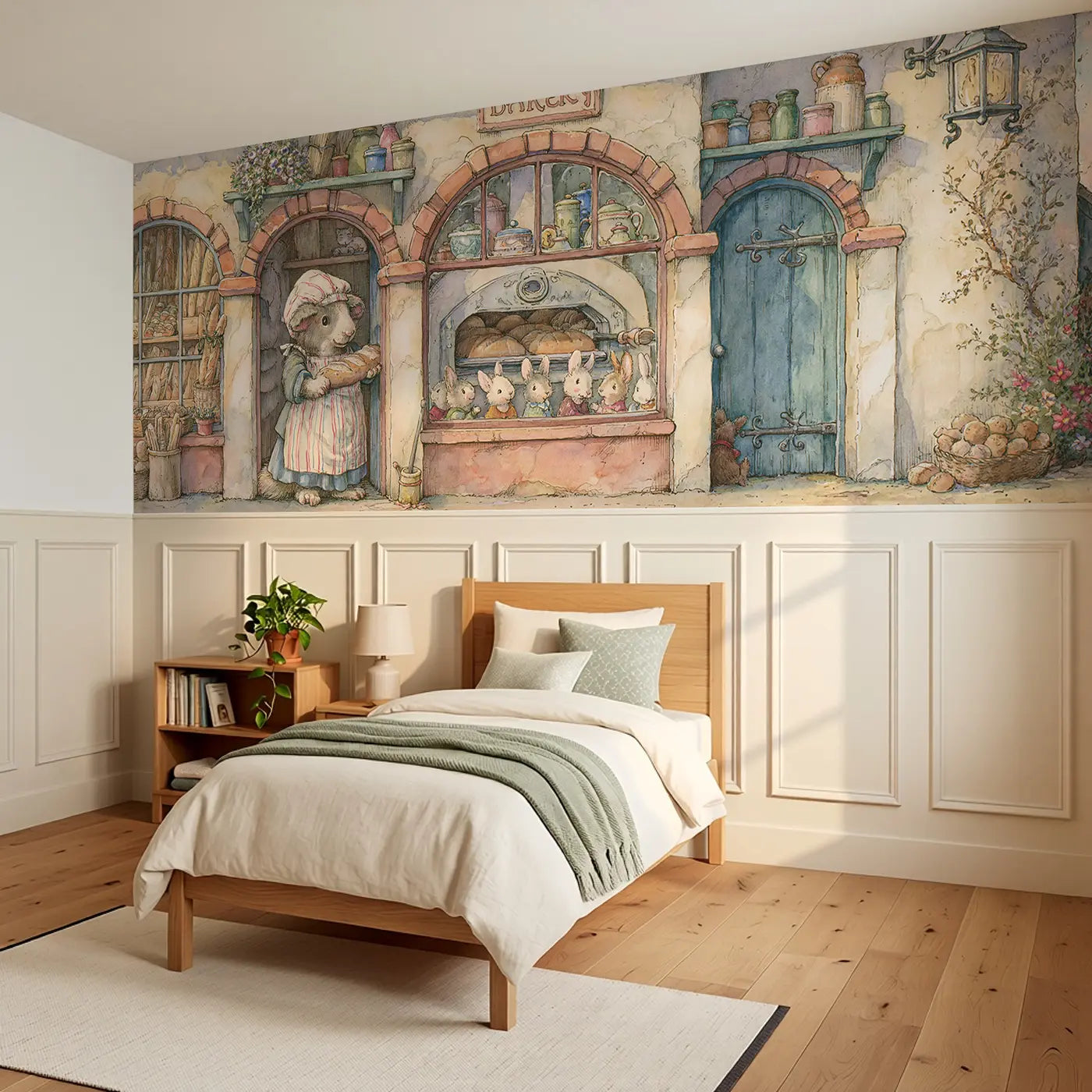 Dog Bakery Morning Shop Wainscoting Wallpaper styled in a kids bedroom by Whimsy Tots