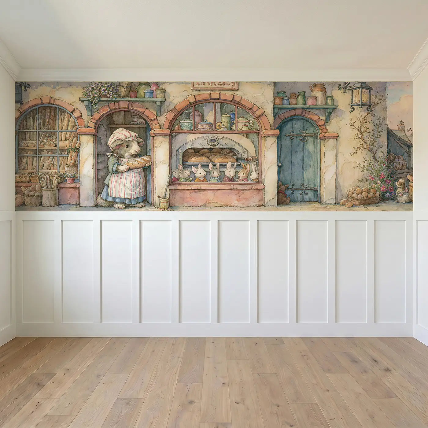 Full panel view of Dog Bakery Morning Shop Wainscoting Wallpaper by Whimsy Tots