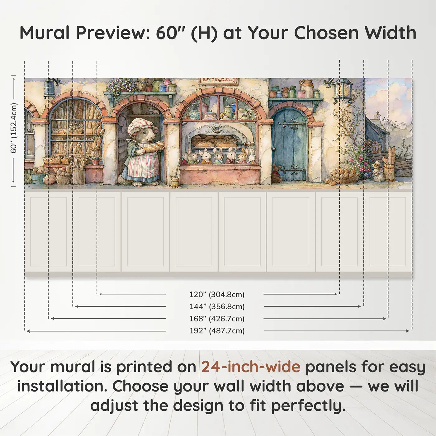 Panel dimensions for Dog Bakery Morning Shop Wainscoting Wallpaper by Whimsy Tots