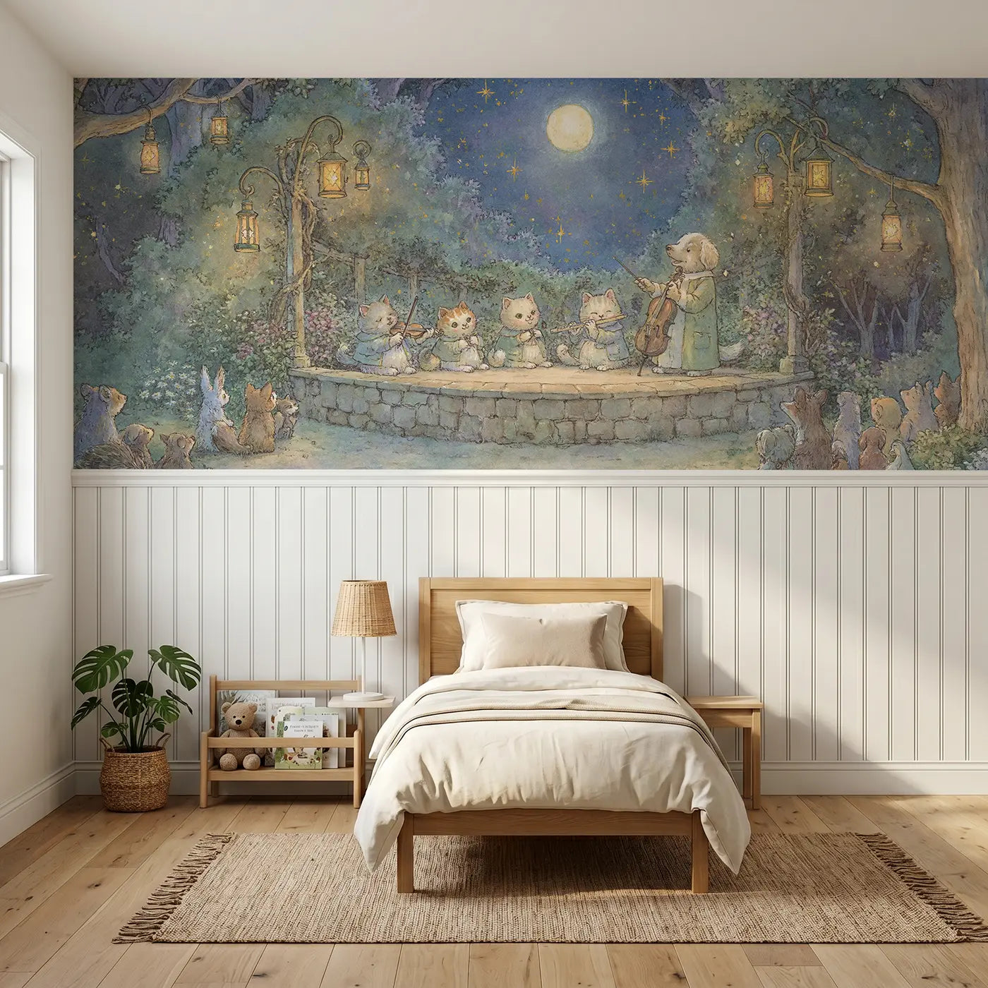 Storybook cat orchestra garden concert wainscoting wallpaper for bedroom by Whimsy Tots.