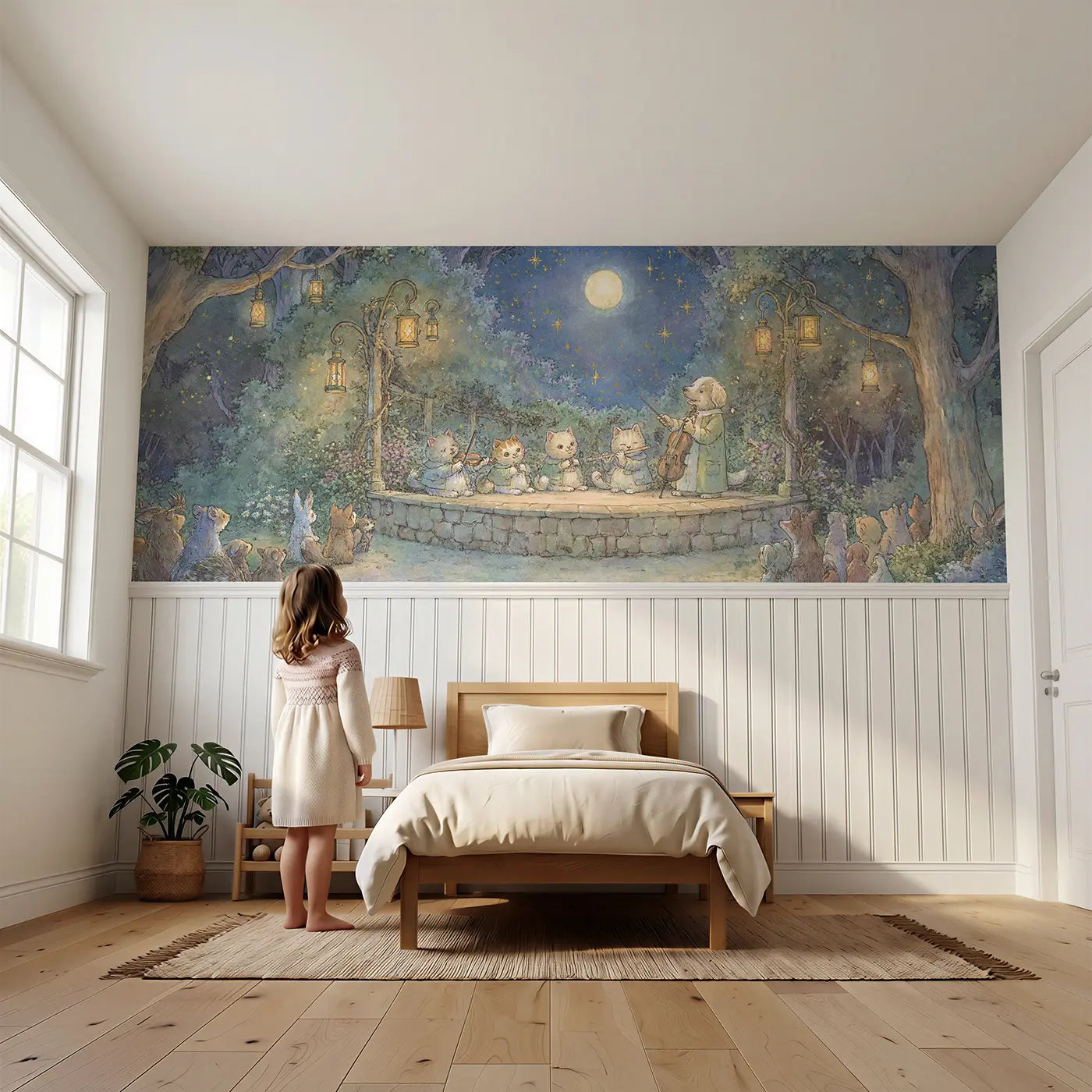 Child reading near Cat Orchestra Garden Concert Wainscoting Wallpaper by Whimsy Tots