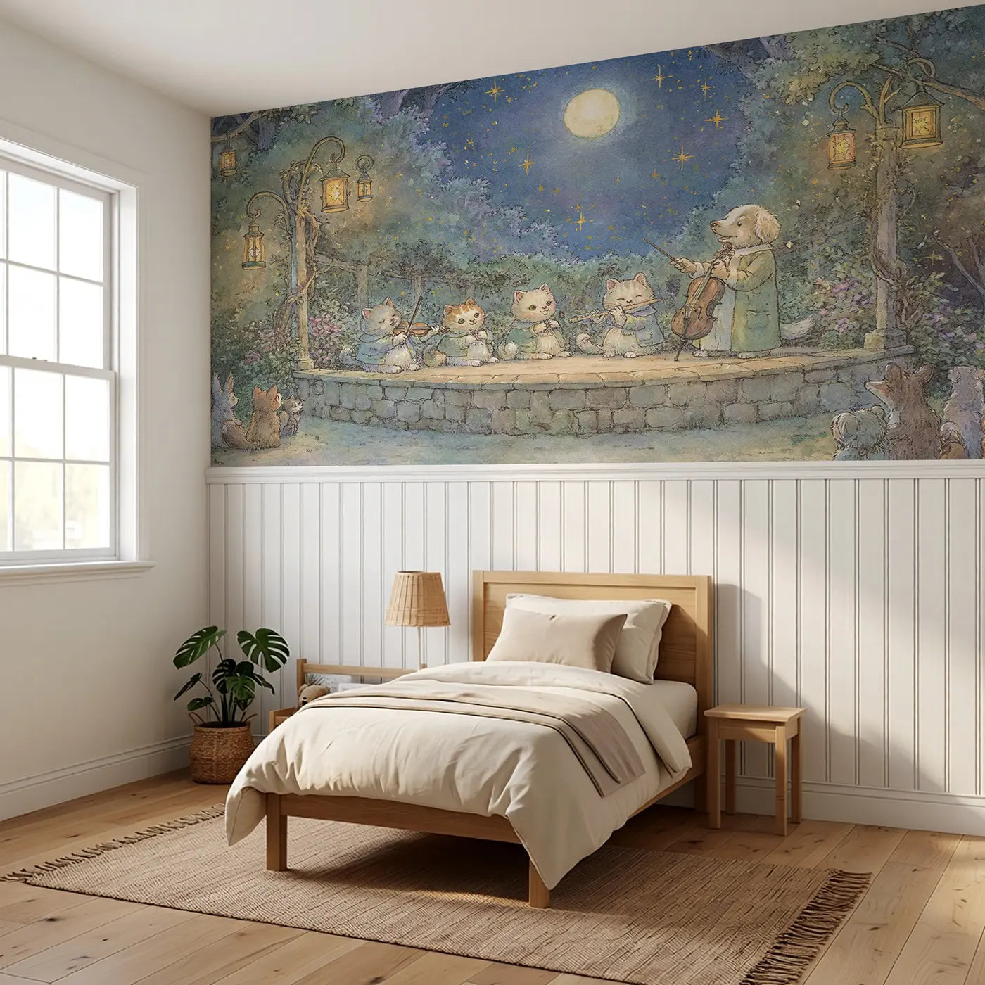 Cat Orchestra Garden Concert Wainscoting Wallpaper styled in a kids bedroom by Whimsy Tots