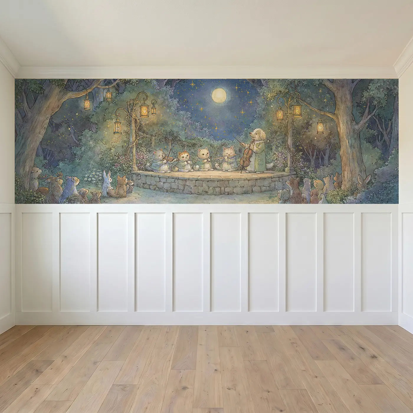 Full panel view of Cat Orchestra Garden Concert Wainscoting Wallpaper by Whimsy Tots
