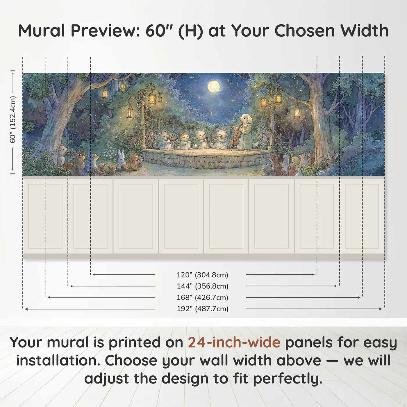 Panel dimensions for Cat Orchestra Garden Concert Wainscoting Wallpaper by Whimsy Tots
