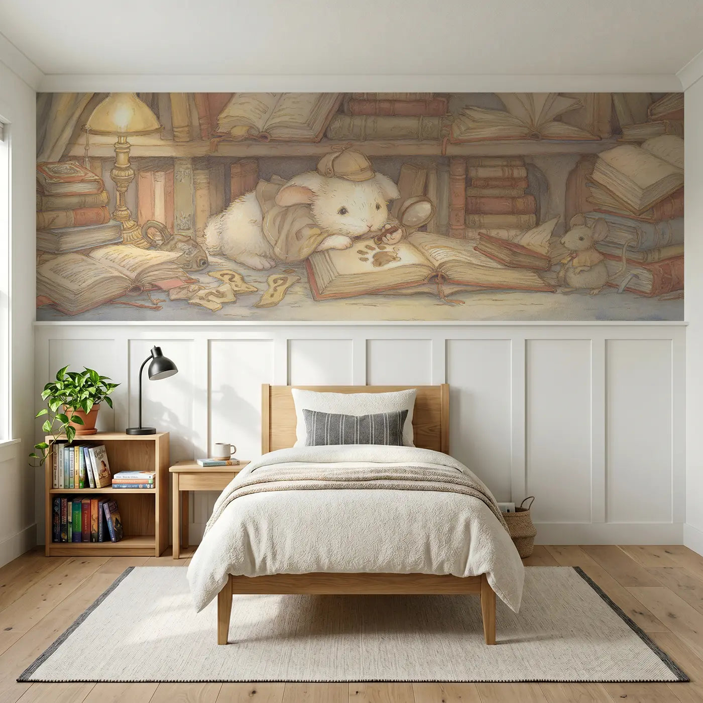 Storybook rabbit detective mystery study wainscoting wallpaper for bedroom by Whimsy Tots.