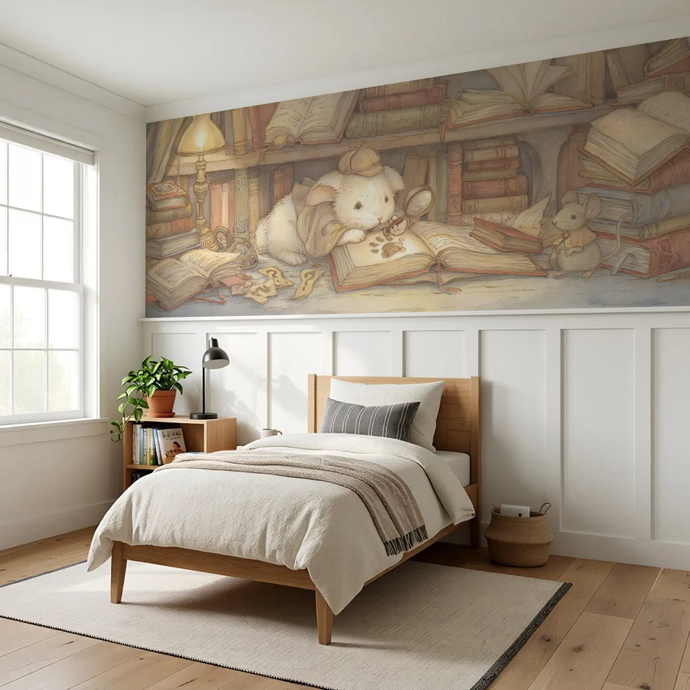 Rabbit Detective Mystery Study Wainscoting Wallpaper styled in a kids bedroom by Whimsy Tots