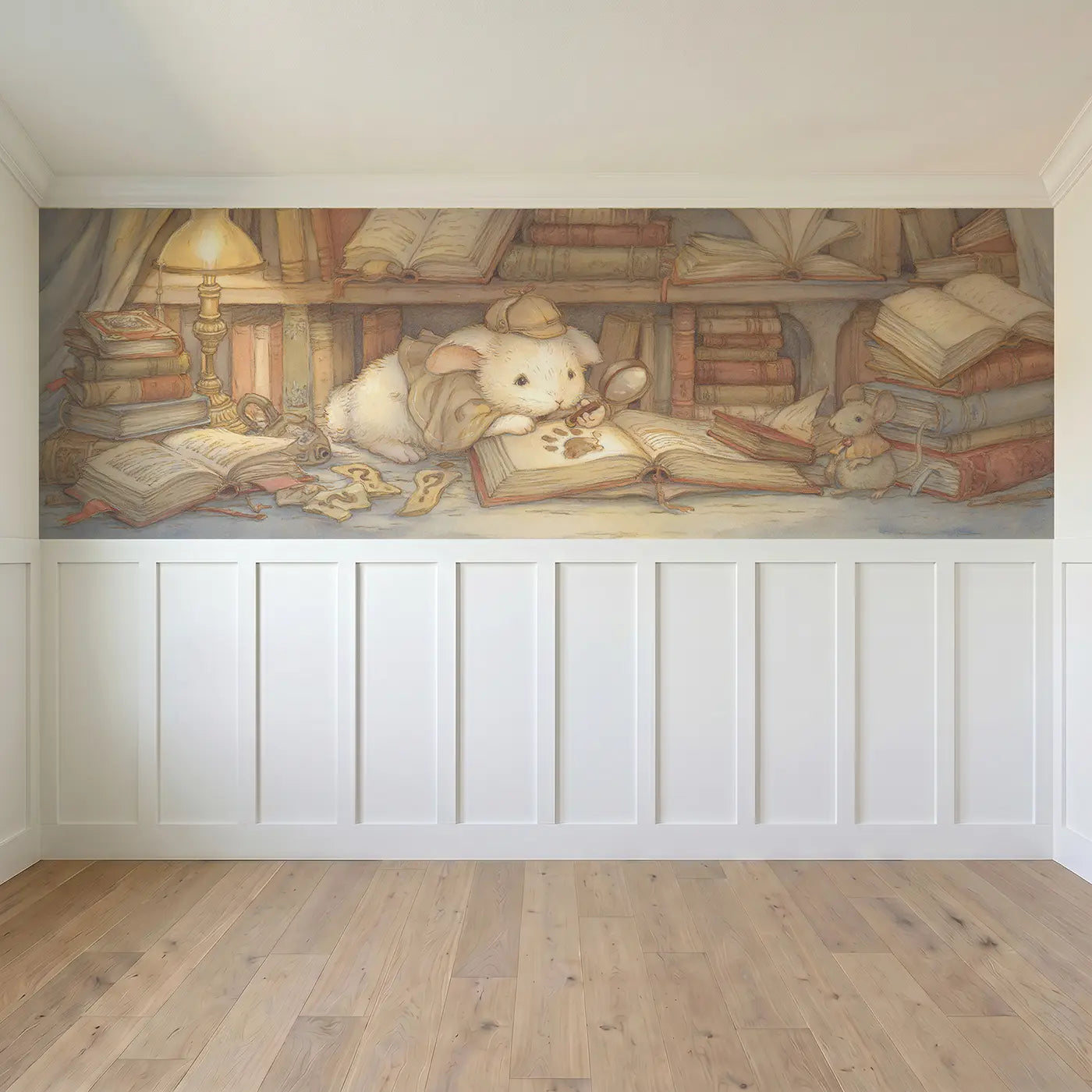 Full panel view of Rabbit Detective Mystery Study Wainscoting Wallpaper by Whimsy Tots
