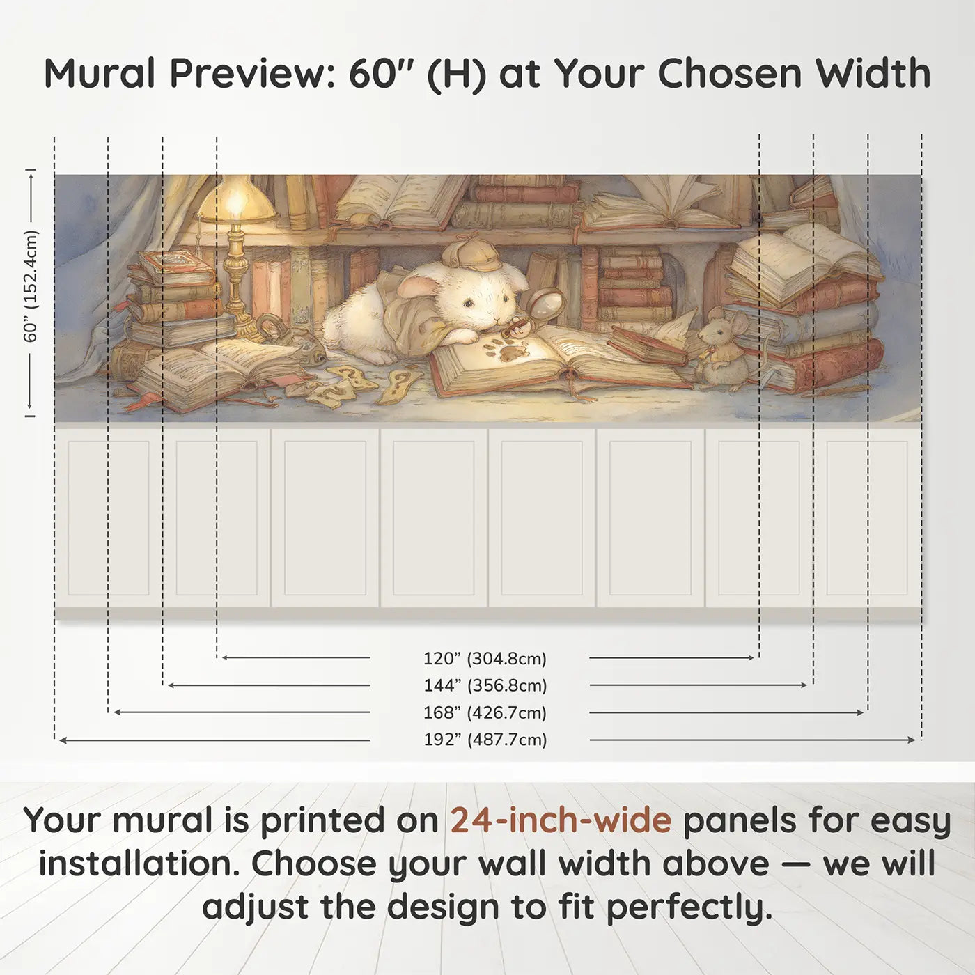 Panel dimensions for Rabbit Detective Mystery Study Wainscoting Wallpaper by Whimsy Tots