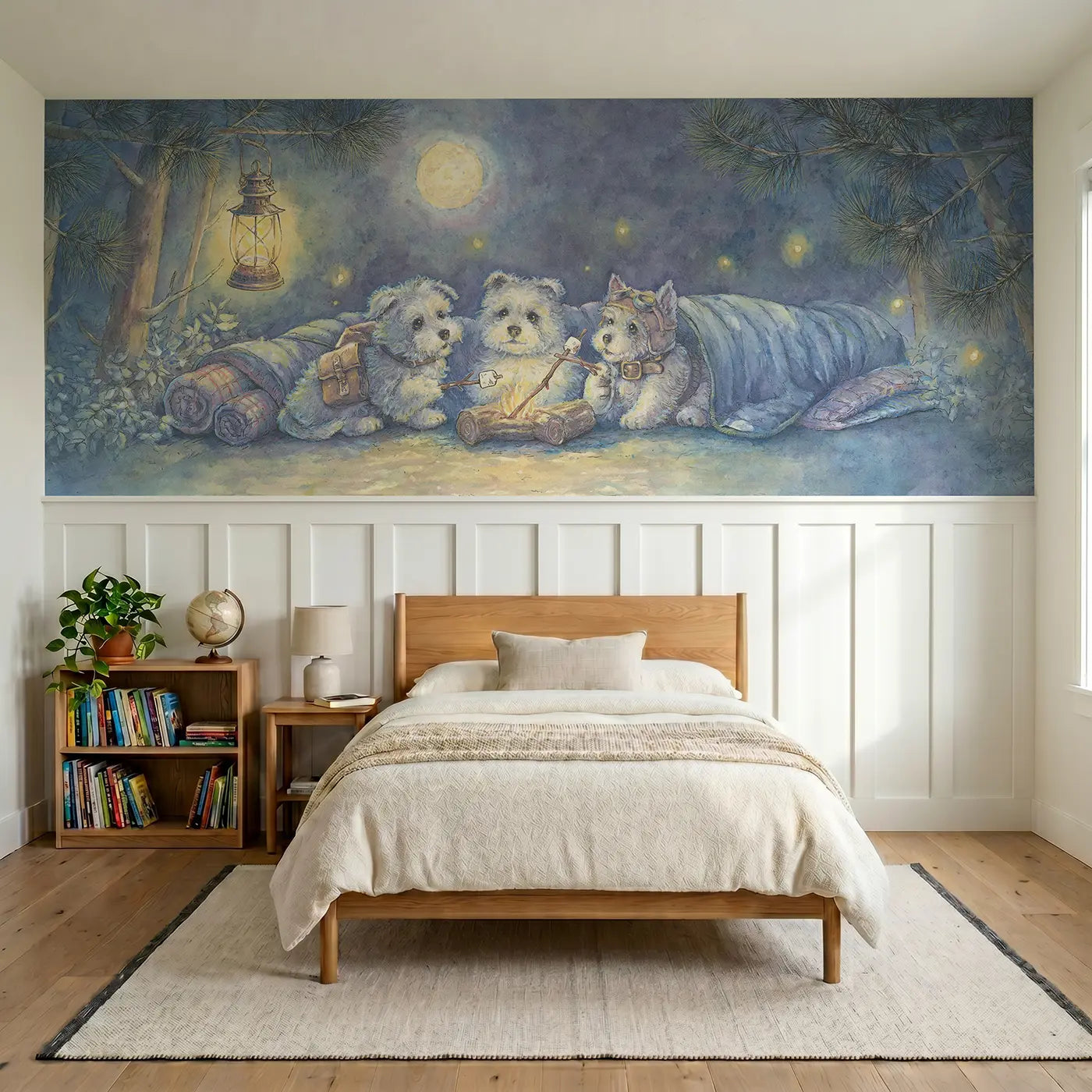 Storybook puppy adventure camping woods wainscoting wallpaper for bedroom by Whimsy Tots.