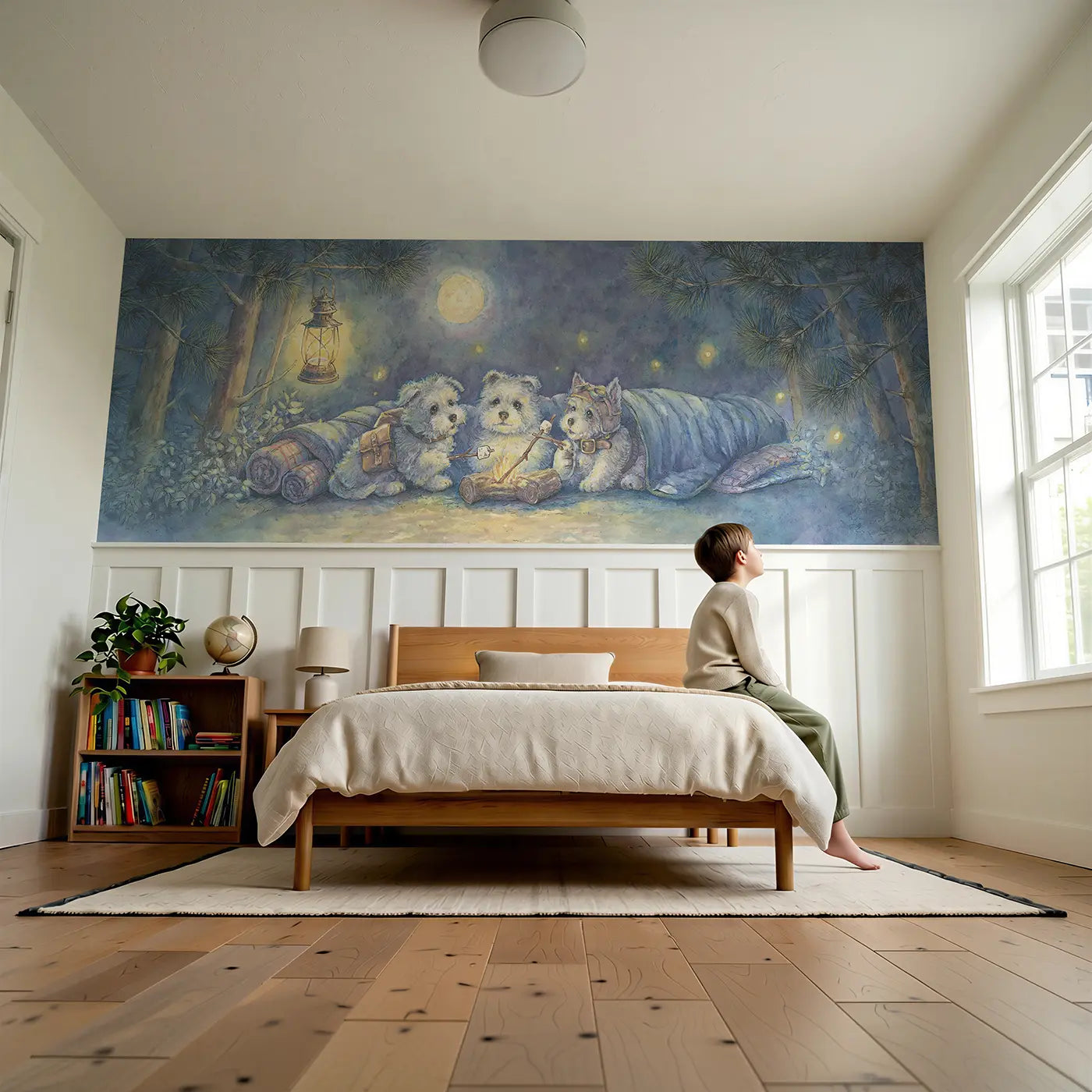 Child reading near Puppy Adventure Camping Woods Wainscoting Wallpaper by Whimsy Tots