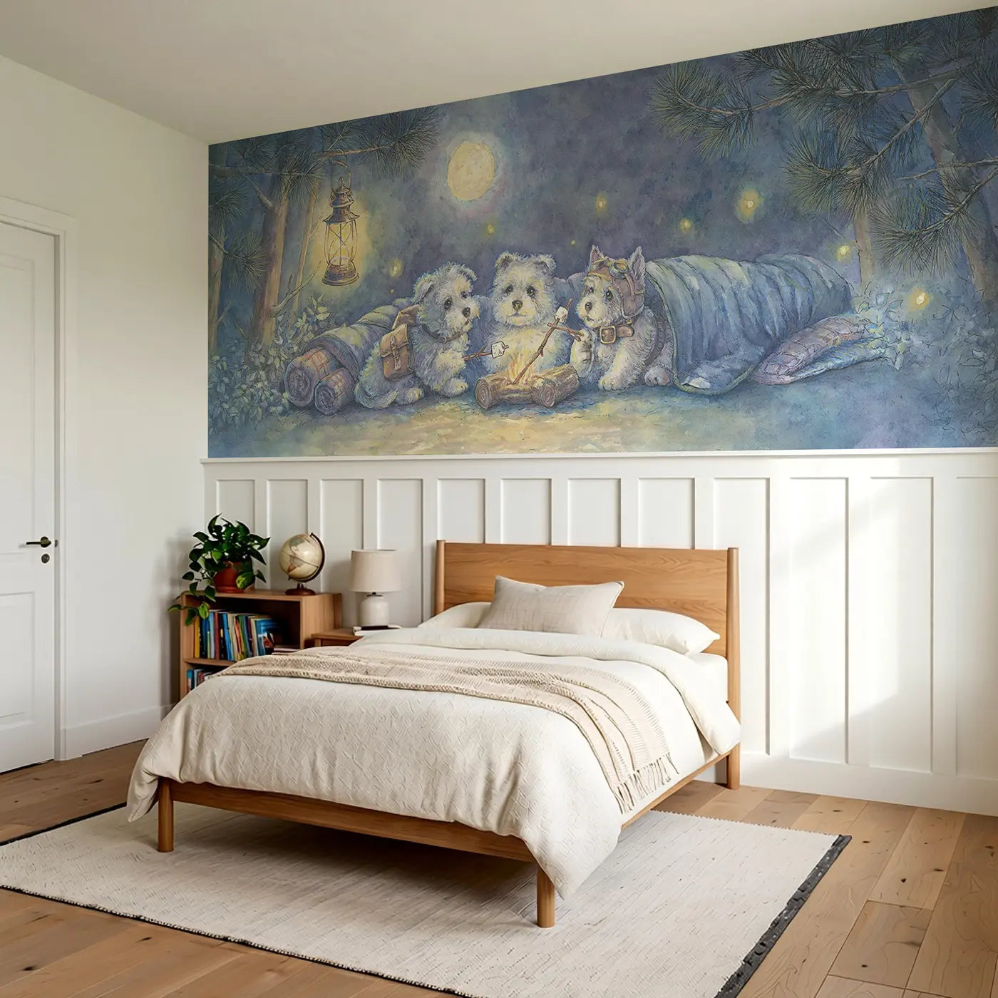 Puppy Adventure Camping Woods Wainscoting Wallpaper styled in a kids bedroom by Whimsy Tots
