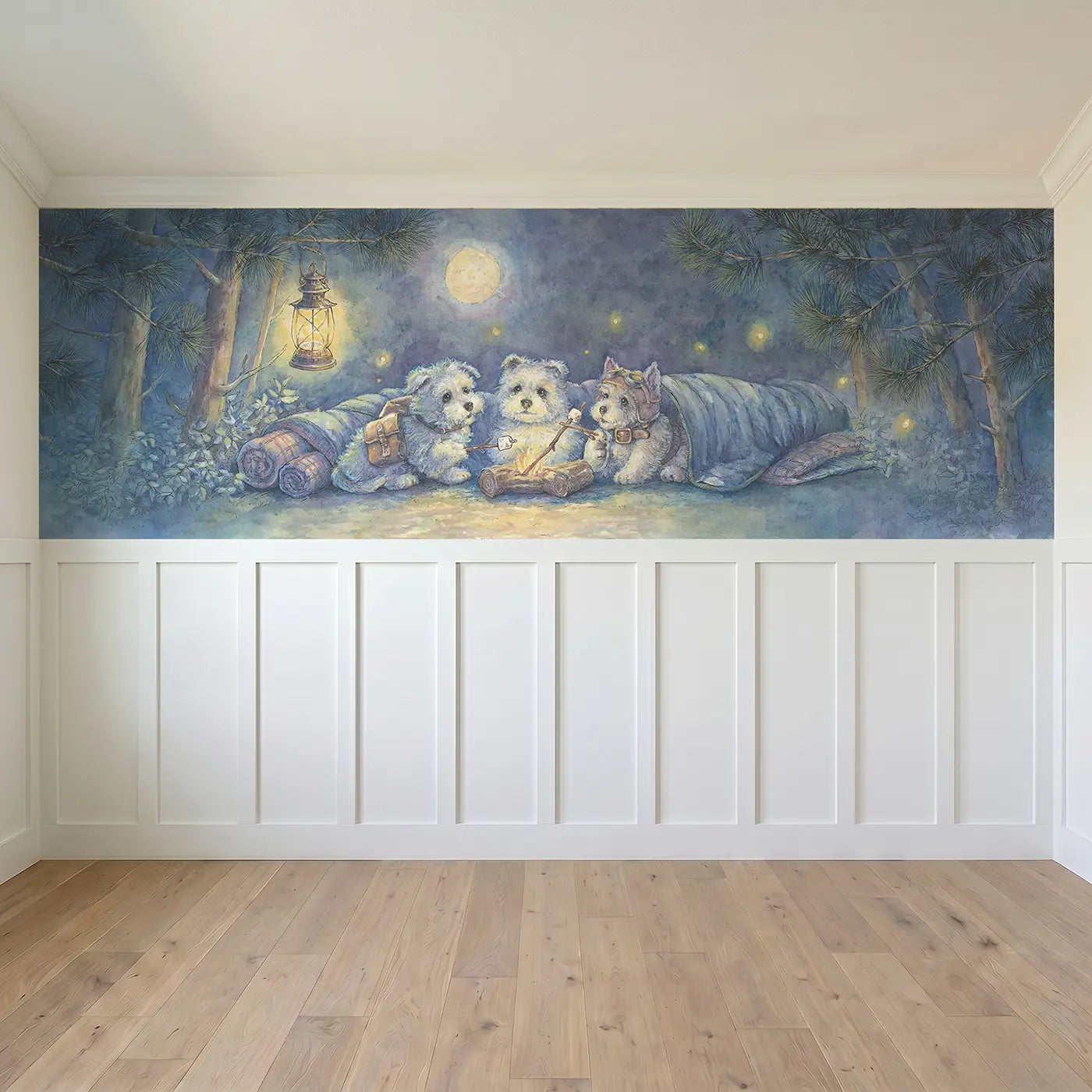 Full panel view of Puppy Adventure Camping Woods Wainscoting Wallpaper by Whimsy Tots