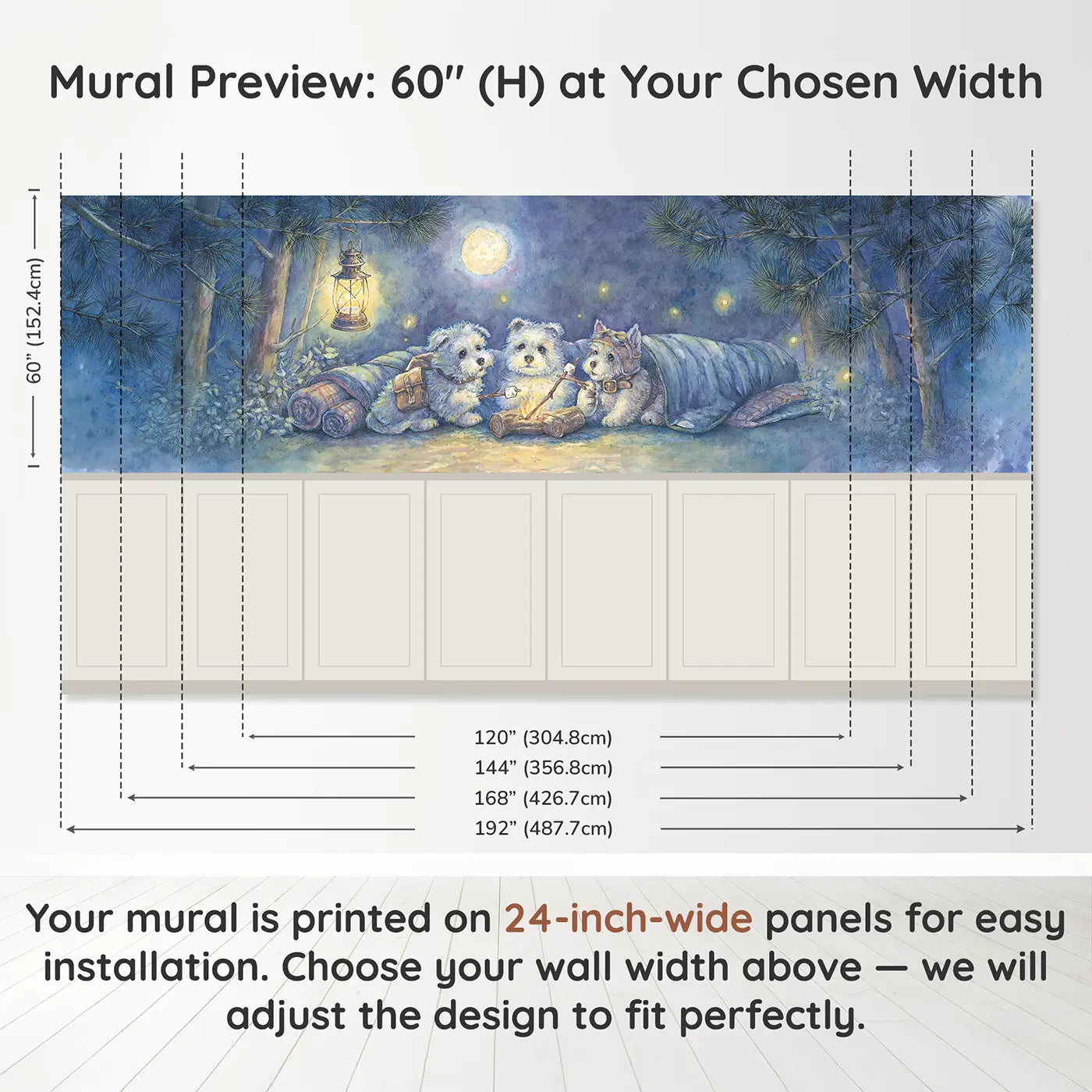 Panel dimensions for Puppy Adventure Camping Woods Wainscoting Wallpaper by Whimsy Tots