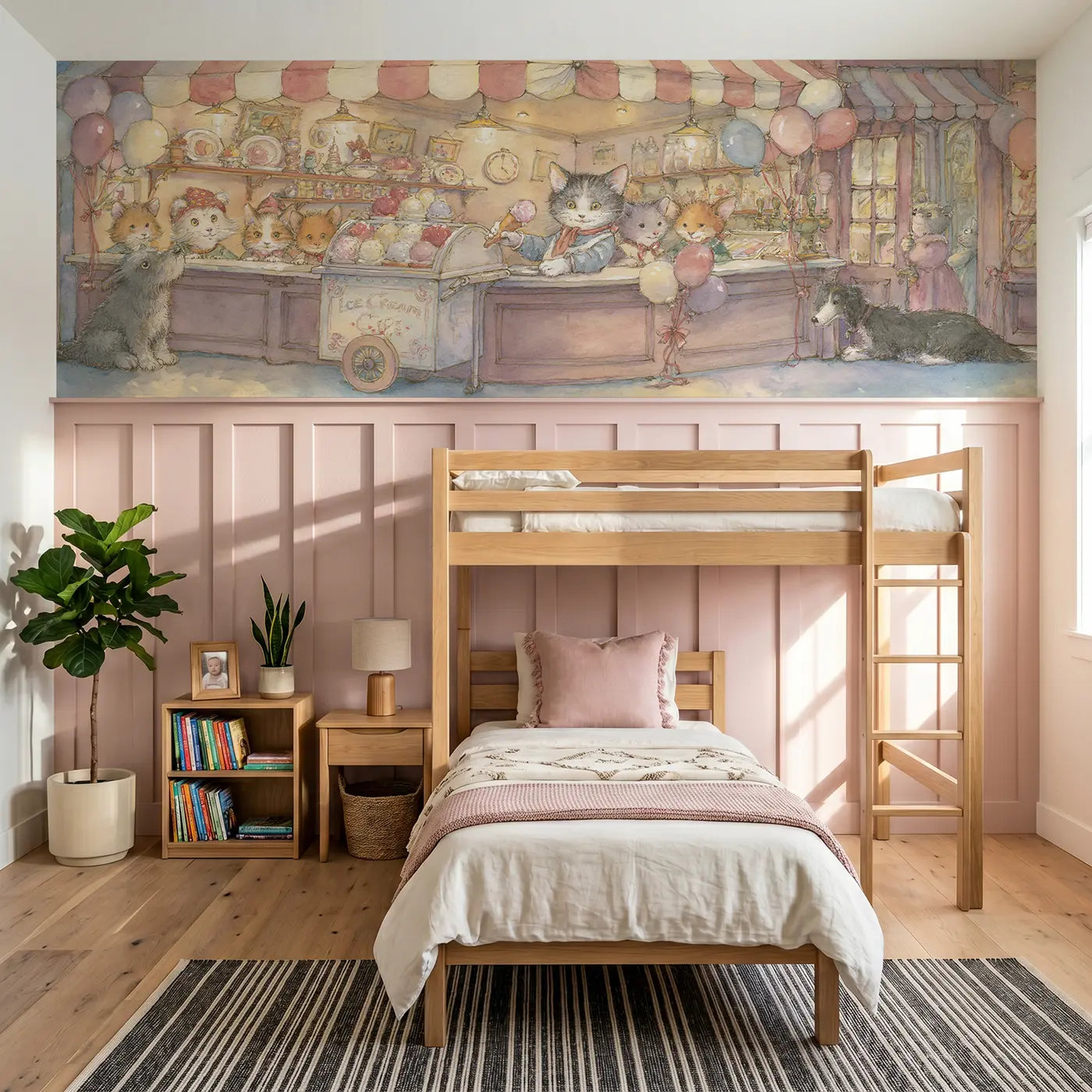 Storybook kitten ice cream parlor wainscoting wallpaper for bedroom by Whimsy Tots.