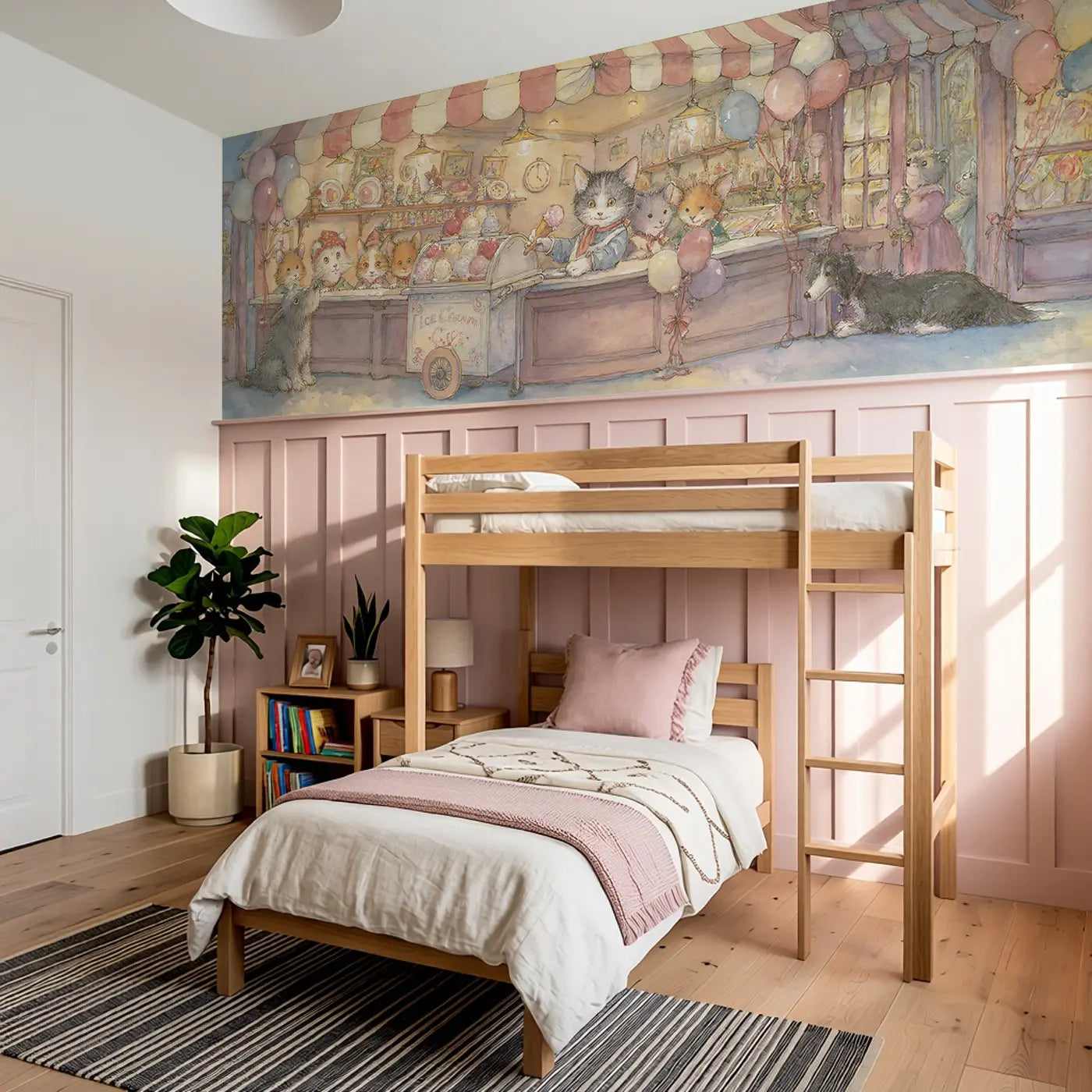 Kitten Ice Cream Parlor Treat Wainscoting Wallpaper styled in a kids bedroom by Whimsy Tots