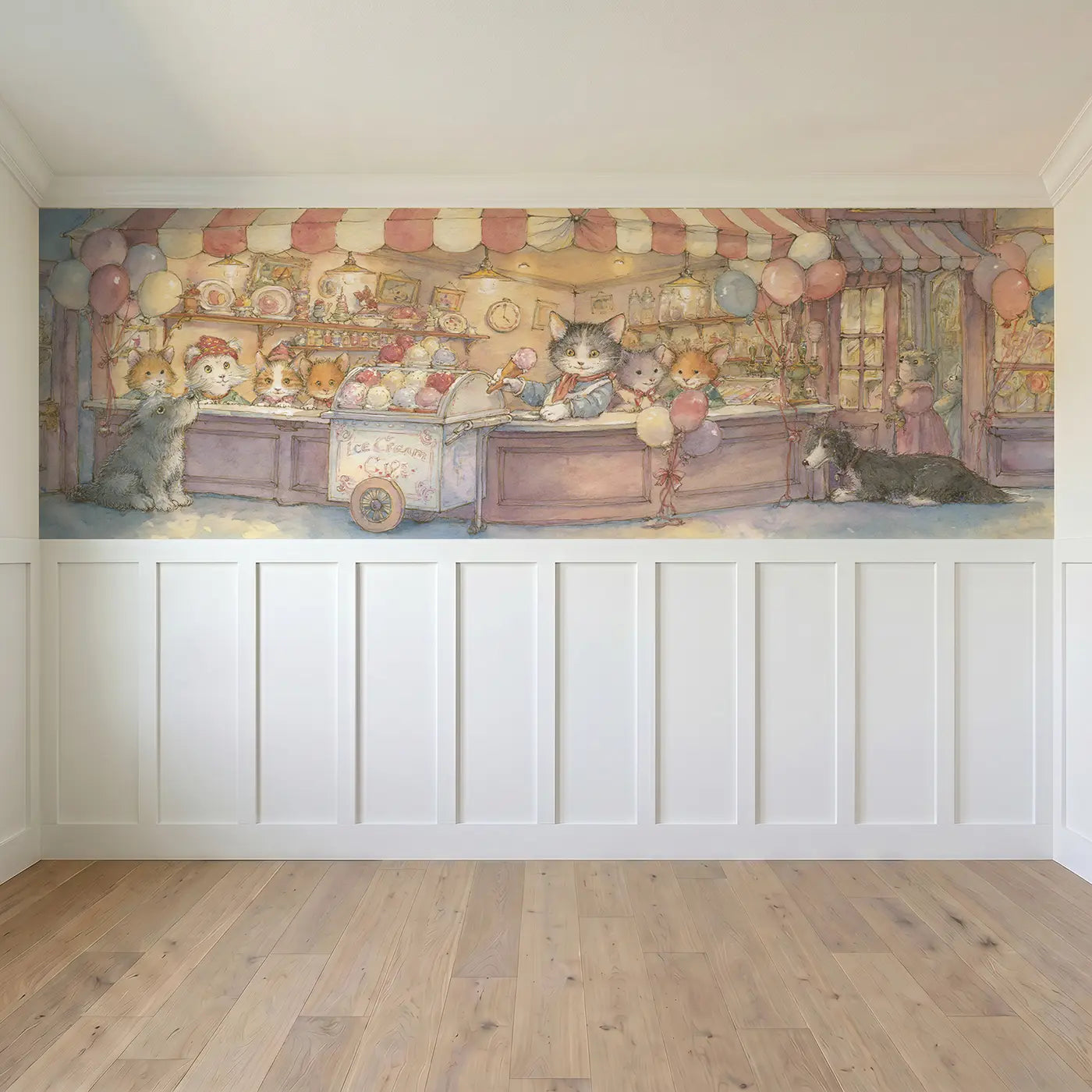Full panel view of Kitten Ice Cream Parlor Treat Wainscoting Wallpaper by Whimsy Tots