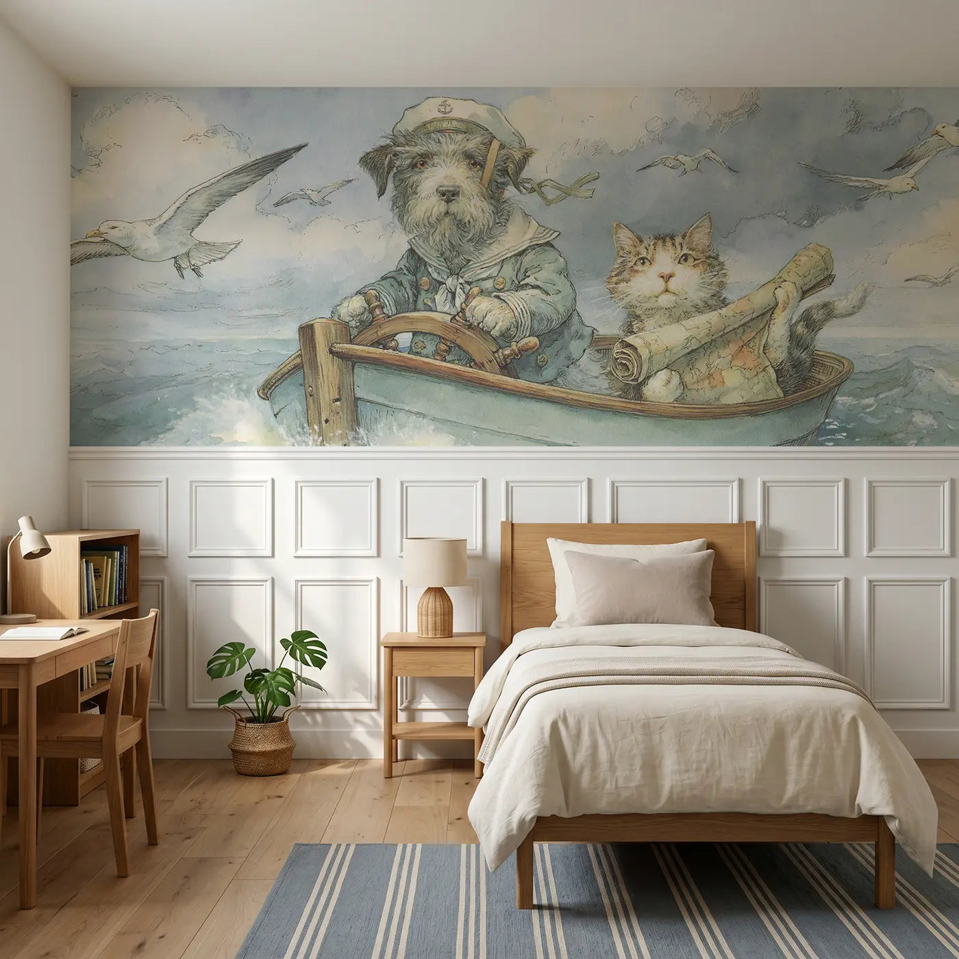 Storybook dog sailor harbor morning wainscoting wallpaper for bedroom by Whimsy Tots.