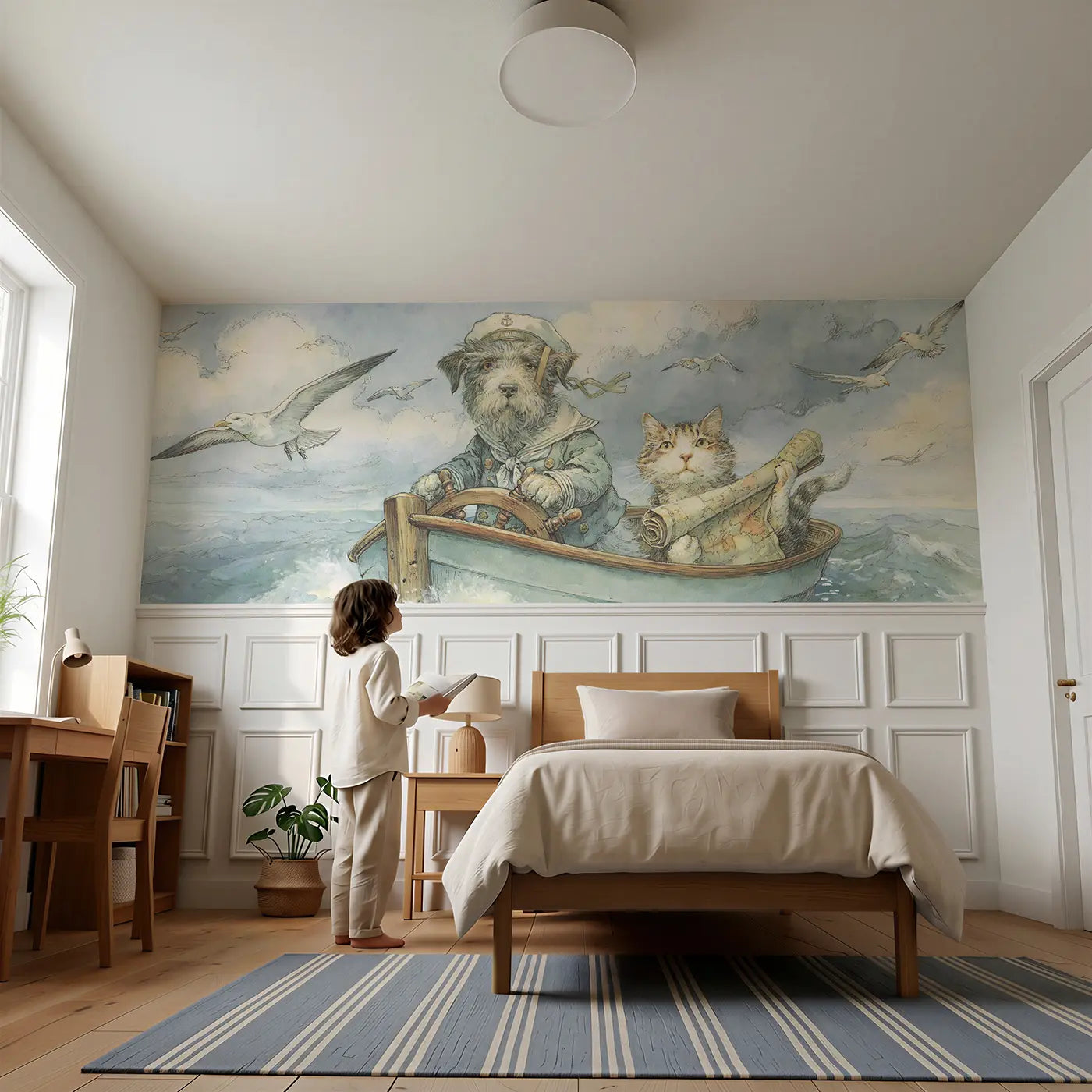 Child reading near Dog Sailor Harbor Morning Wainscoting Wallpaper by Whimsy Tots