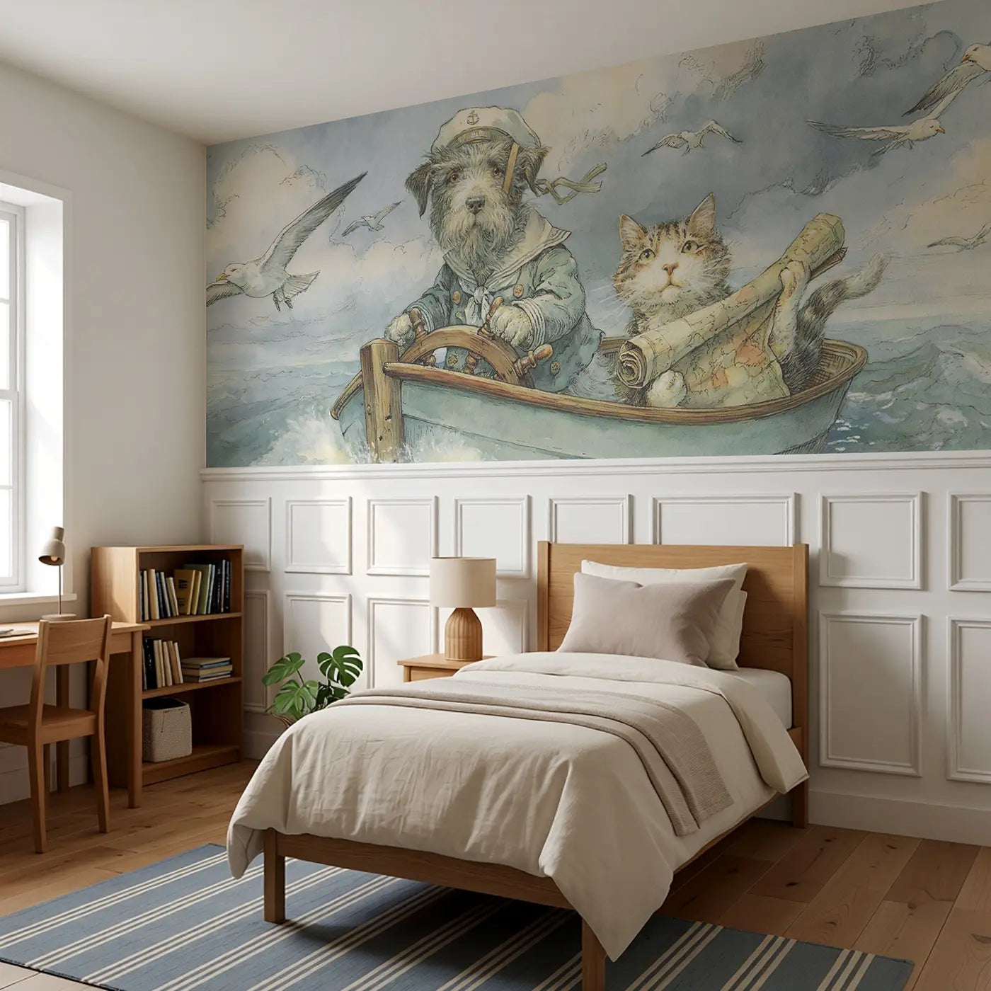 Dog Sailor Harbor Morning Wainscoting Wallpaper styled in a kids bedroom by Whimsy Tots