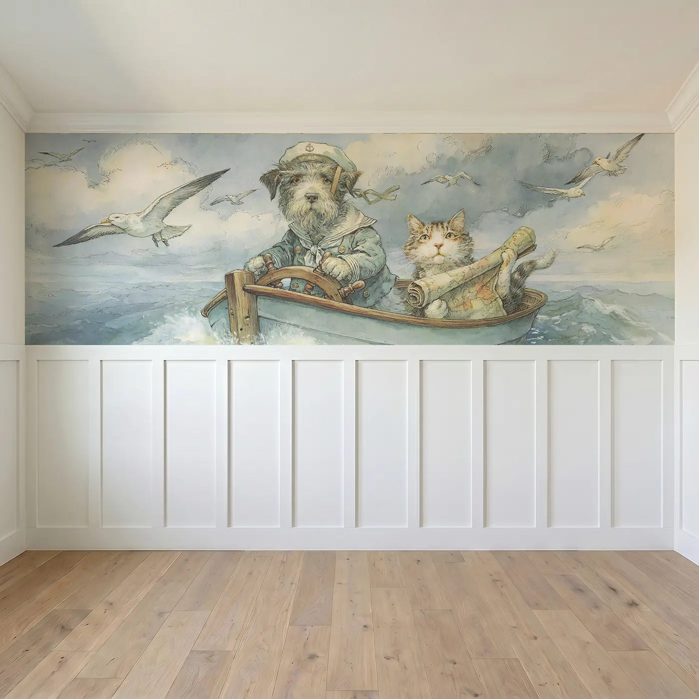 Full panel view of Dog Sailor Harbor Morning Wainscoting Wallpaper by Whimsy Tots