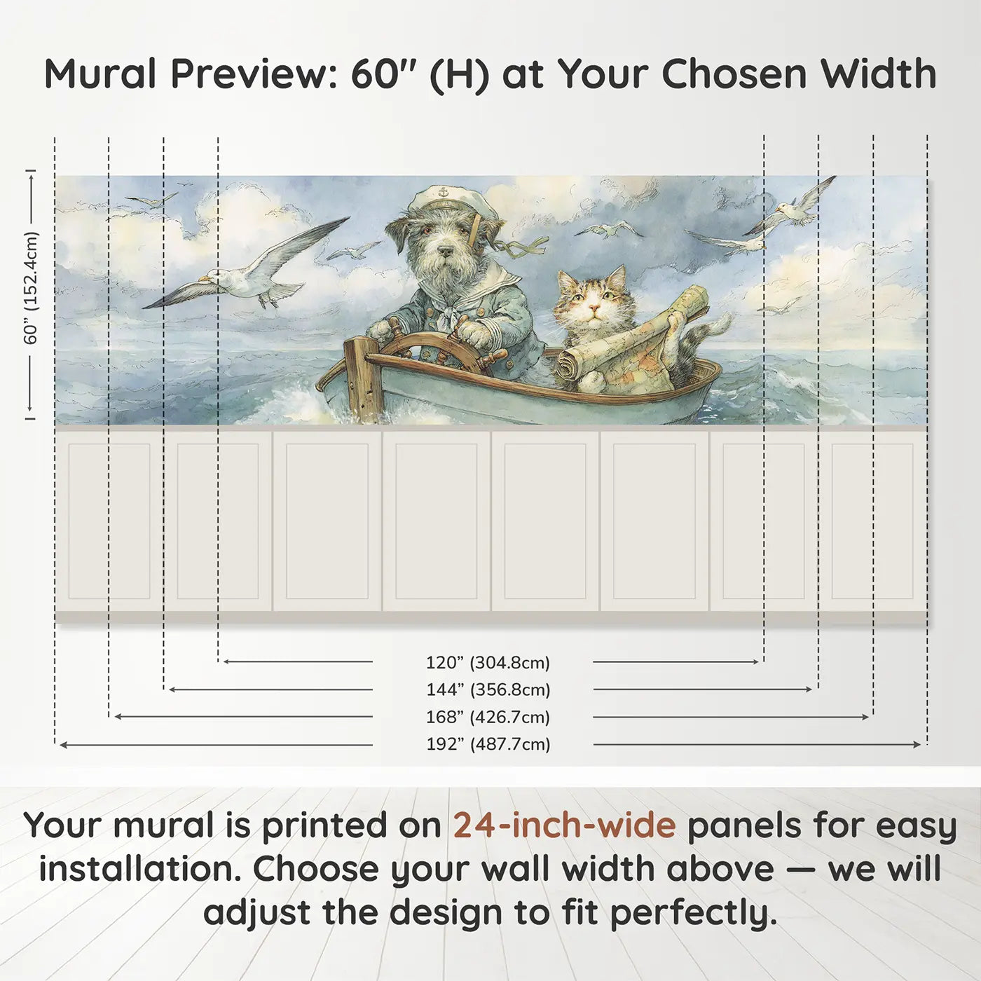 Panel dimensions for Dog Sailor Harbor Morning Wainscoting Wallpaper by Whimsy Tots