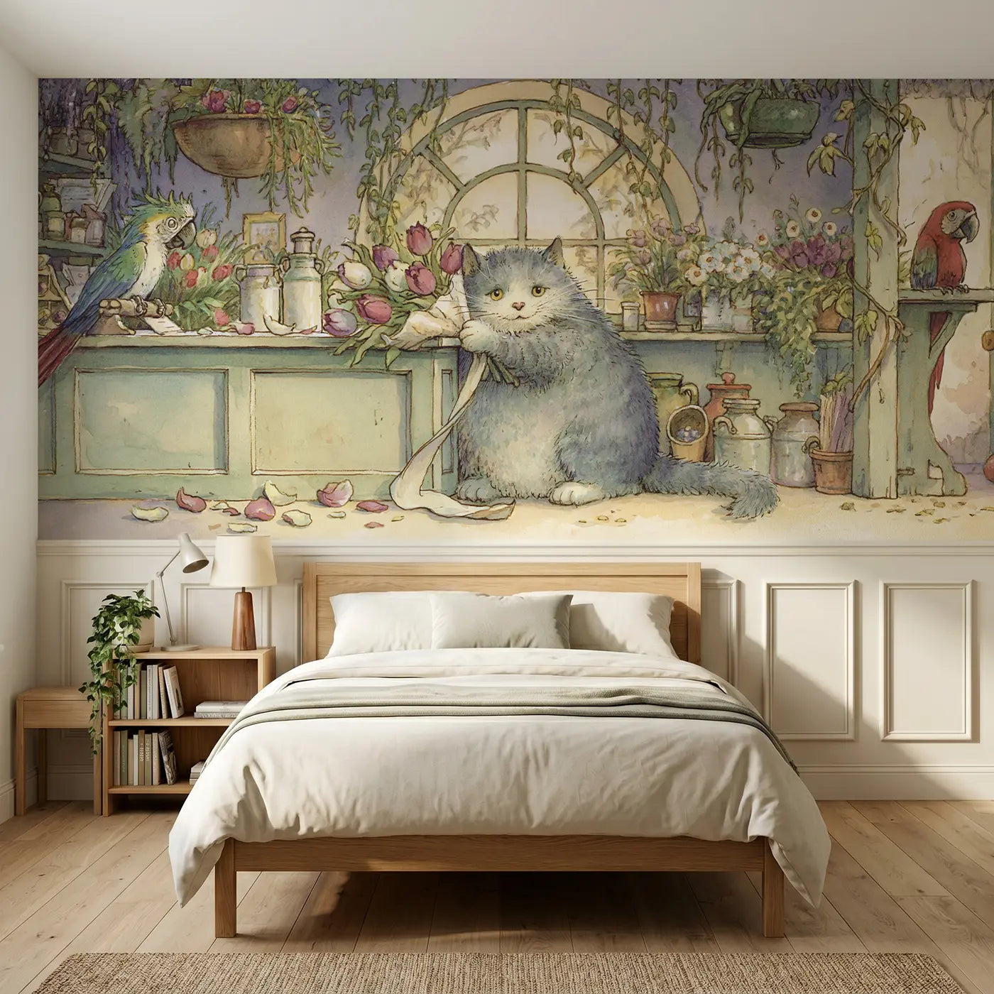 Storybook cat flower shop bouquet wrap wainscoting wallpaper for bedroom by Whimsy Tots.