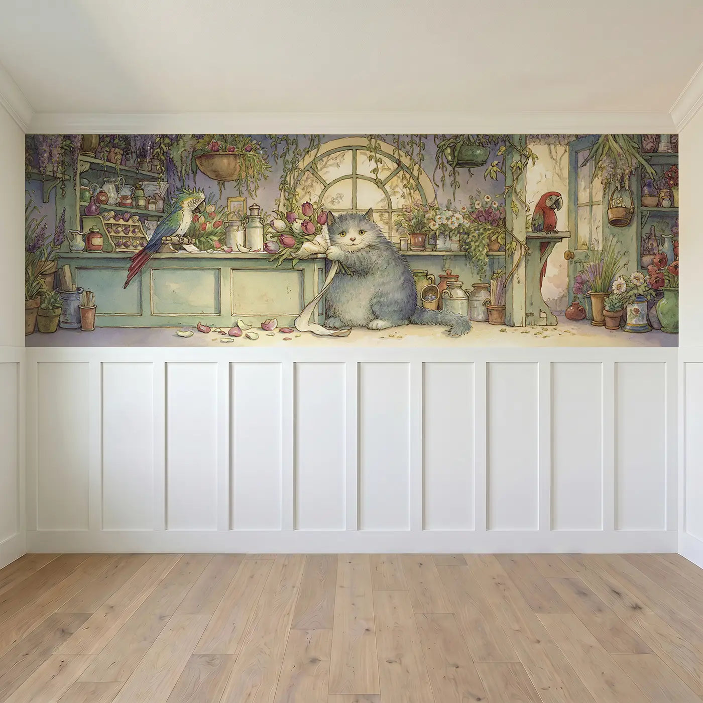 Full panel view of Cat Flower Shop Bouquet Wrap Wainscoting Wallpaper by Whimsy Tots