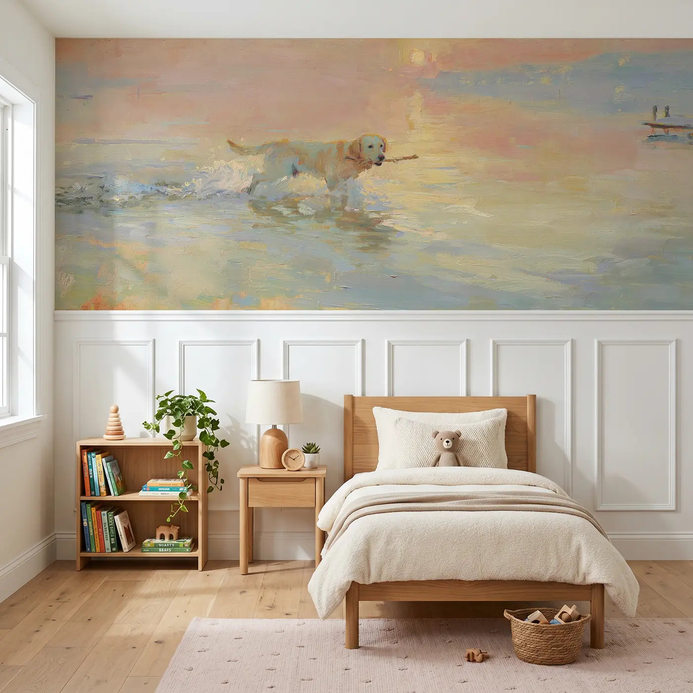 Painted Landscape labrador lakeside fetch sunset wainscoting wallpaper for bedroom by Whimsy Tots.