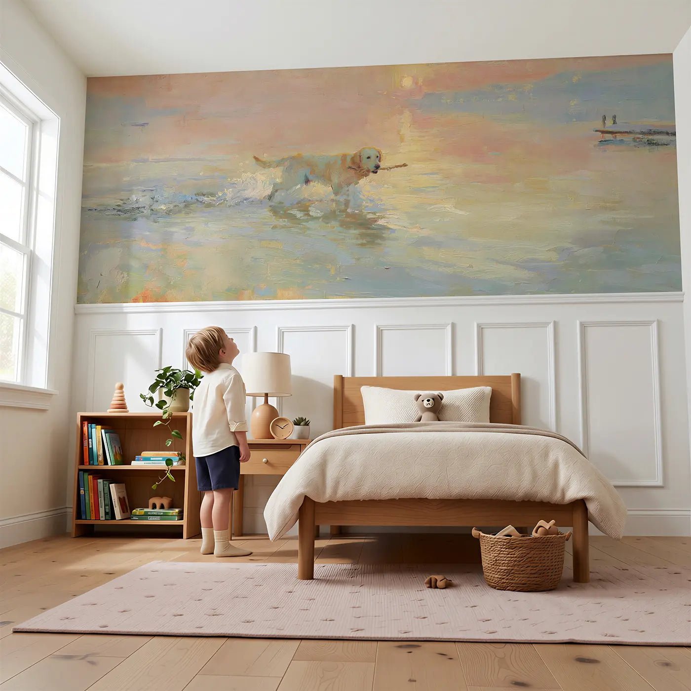Child reading near Labrador Lakeside Fetch Sunset Wainscoting Wallpaper by Whimsy Tots