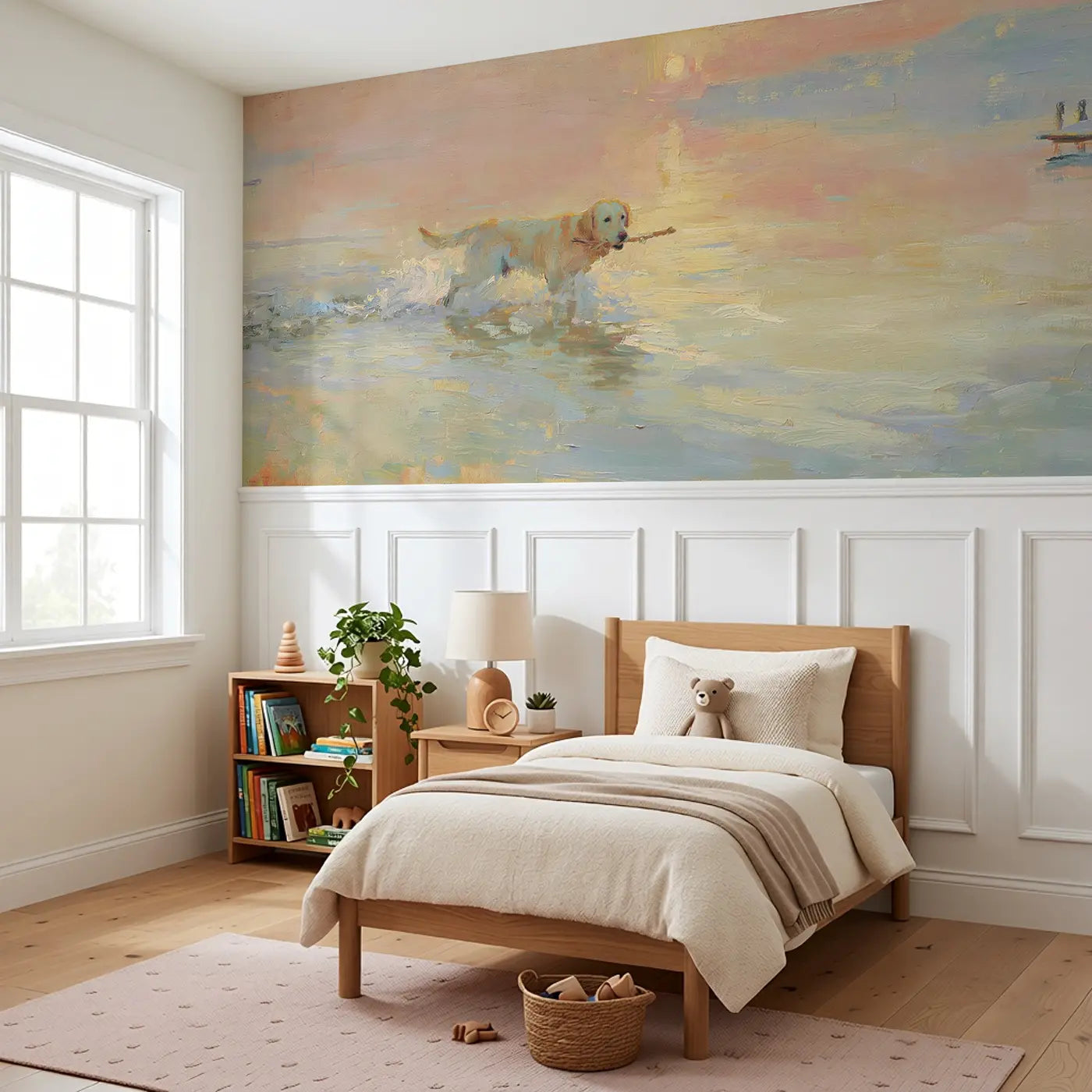 Labrador Lakeside Fetch Sunset Wainscoting Wallpaper styled in a kids bedroom by Whimsy Tots