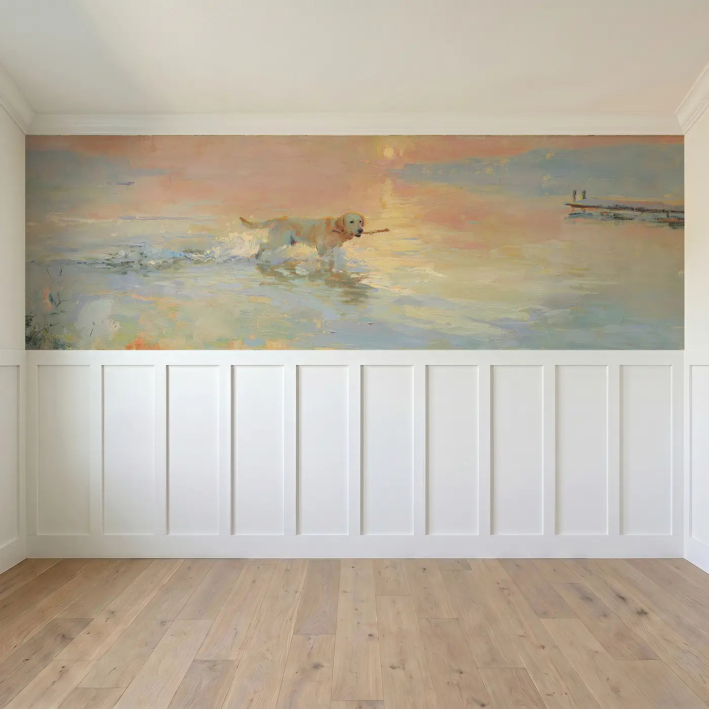 Full panel view of Labrador Lakeside Fetch Sunset Wainscoting Wallpaper by Whimsy Tots