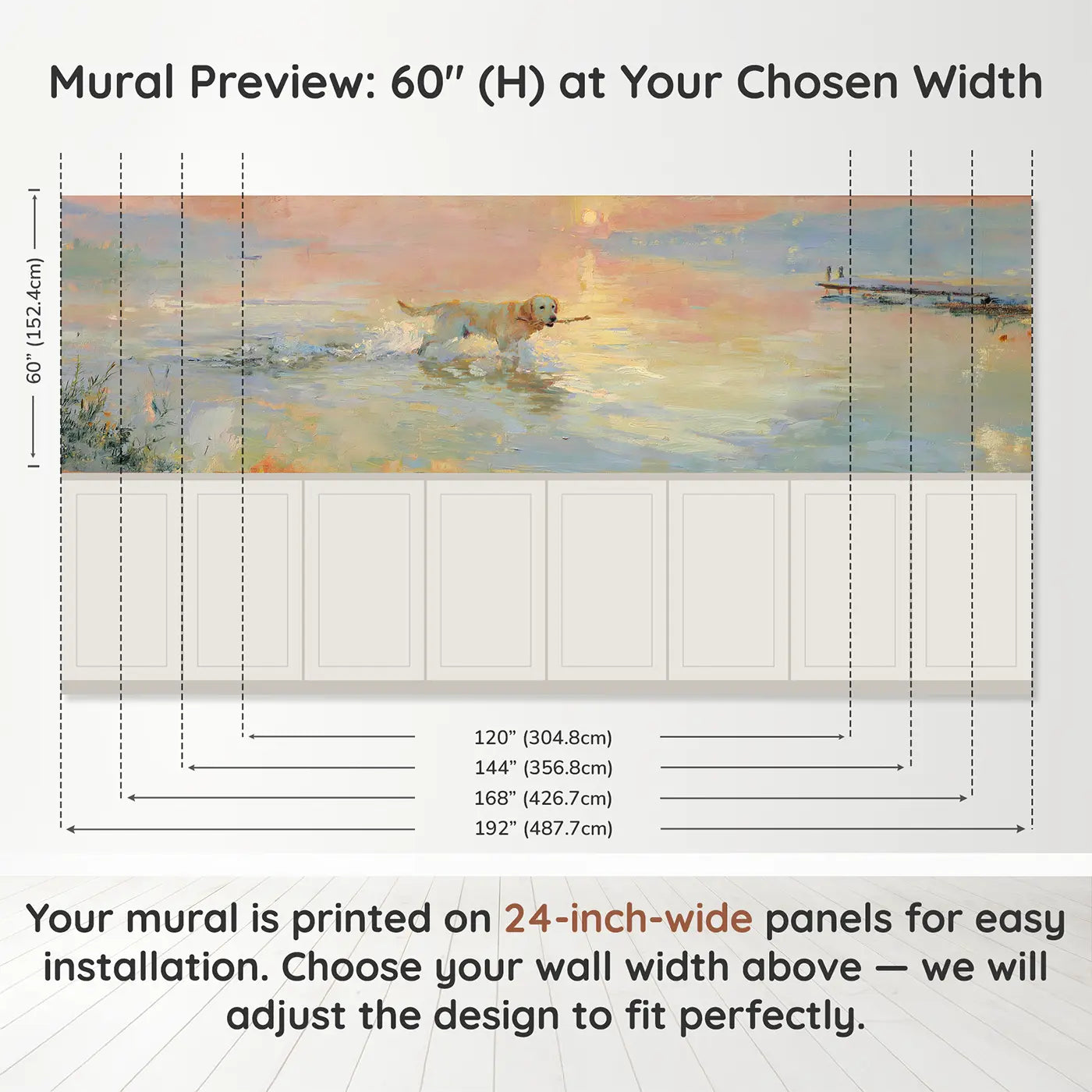 Panel dimensions for Labrador Lakeside Fetch Sunset Wainscoting Wallpaper by Whimsy Tots