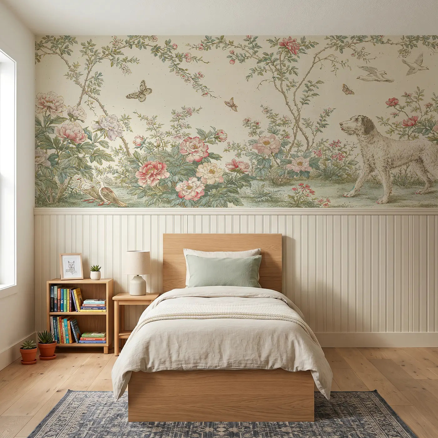 Painted Landscape persian cat library oil wainscoting wallpaper for bedroom by Whimsy Tots.