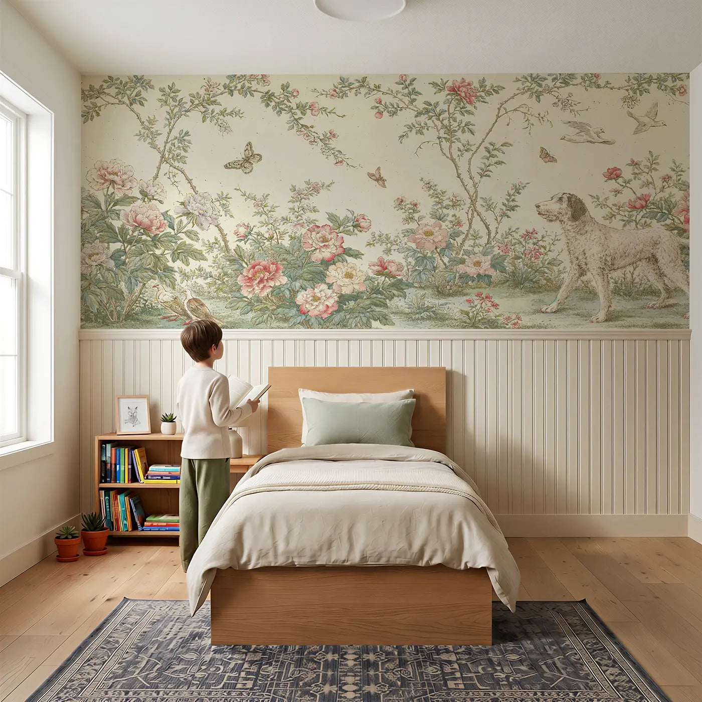 Child reading near Persian Cat Library Oil Wainscoting Wallpaper by Whimsy Tots