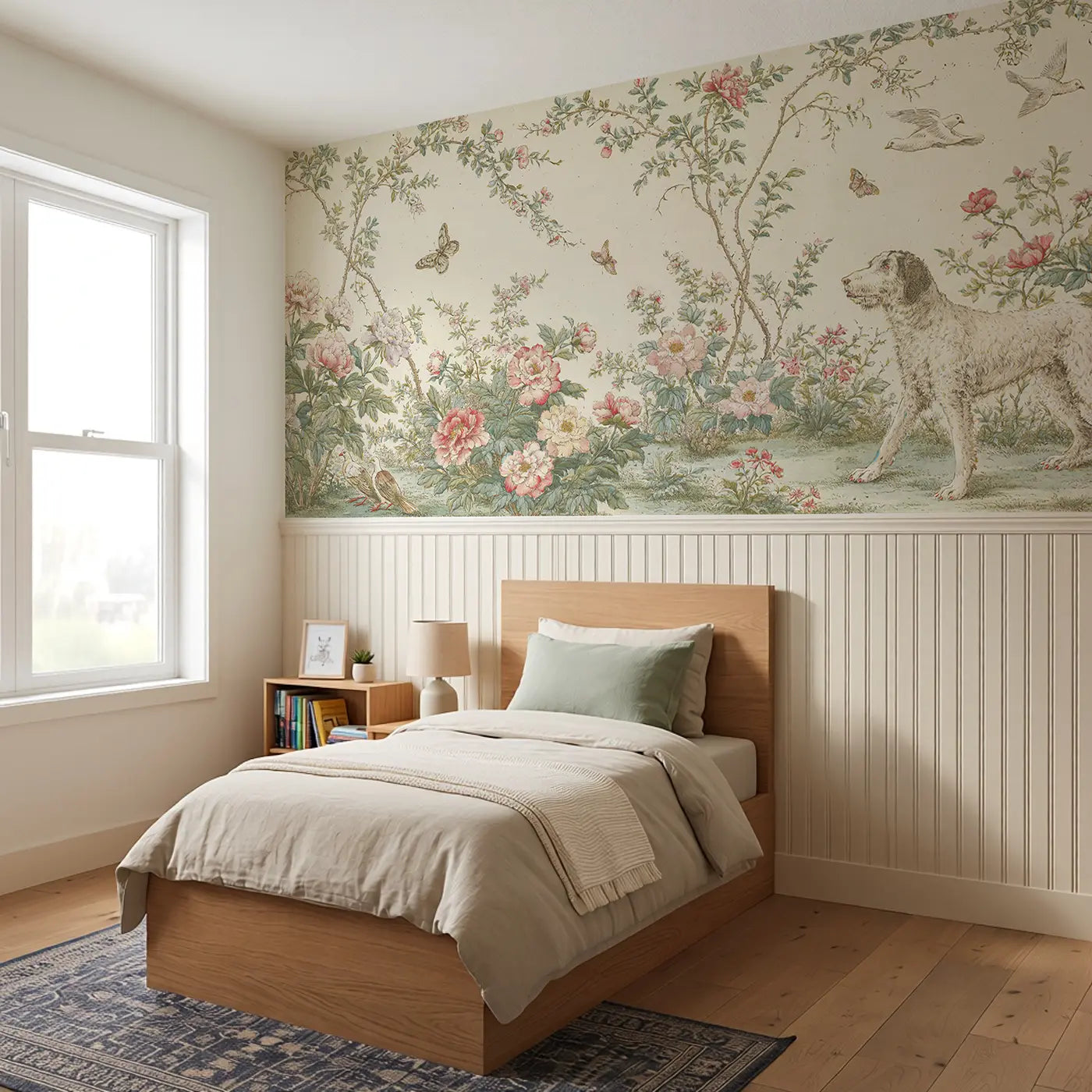 Persian Cat Library Oil Wainscoting Wallpaper styled in a kids bedroom by Whimsy Tots