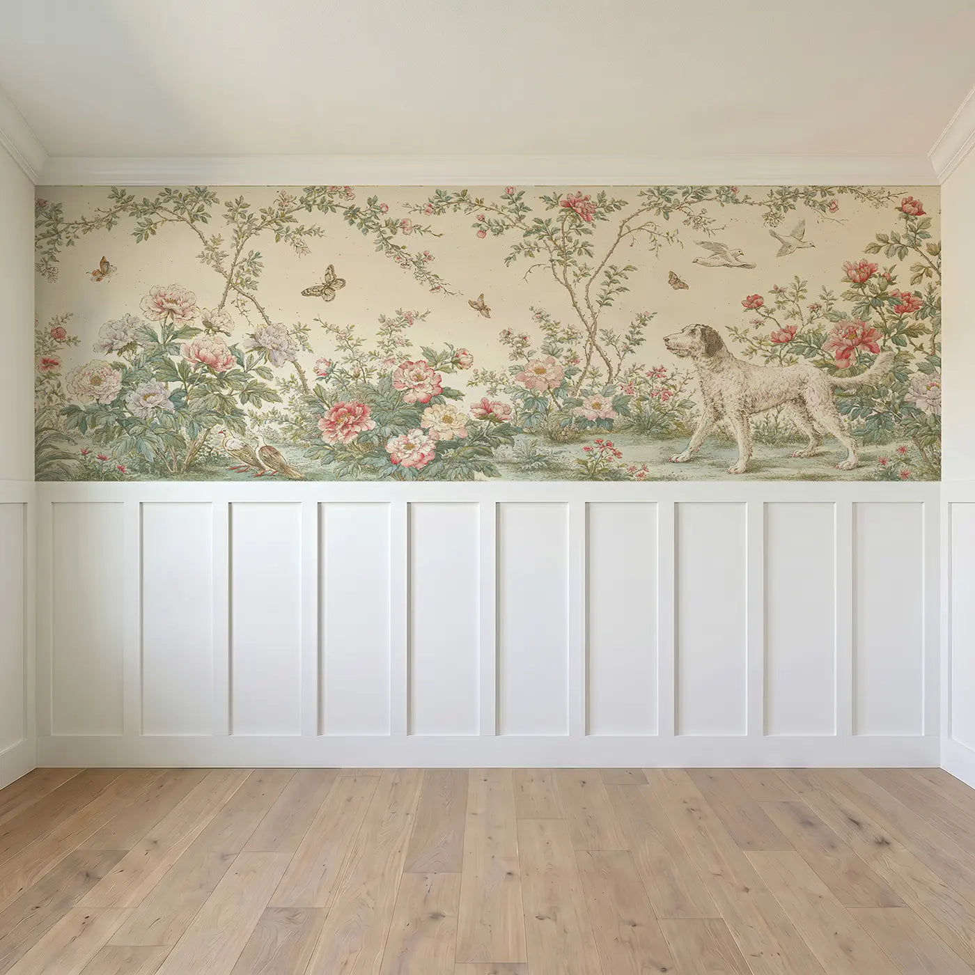 Full panel view of Persian Cat Library Oil Wainscoting Wallpaper by Whimsy Tots
