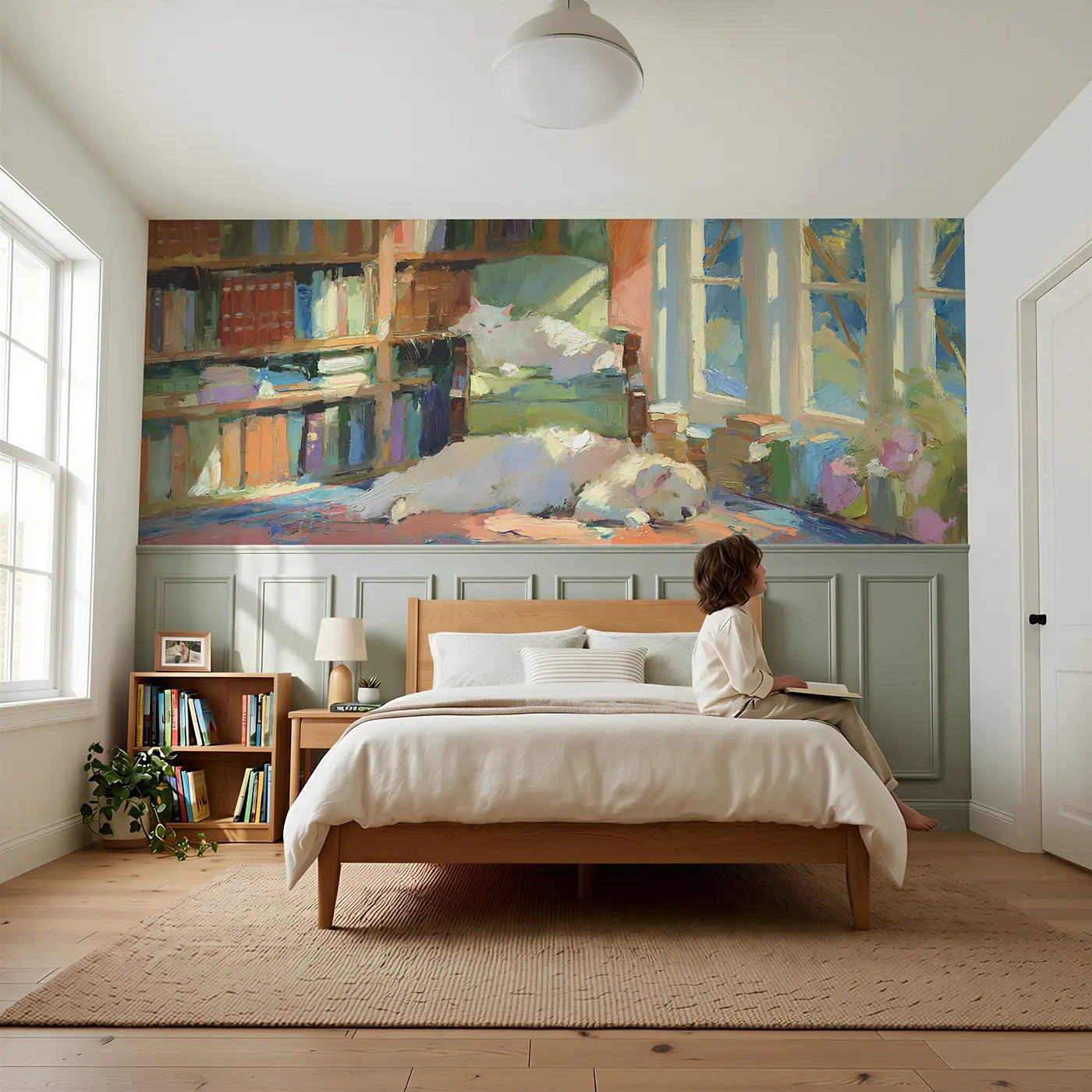 Child reading near Cat Chrysanthemum Branch Toile Wainscoting Wallpaper by Whimsy Tots