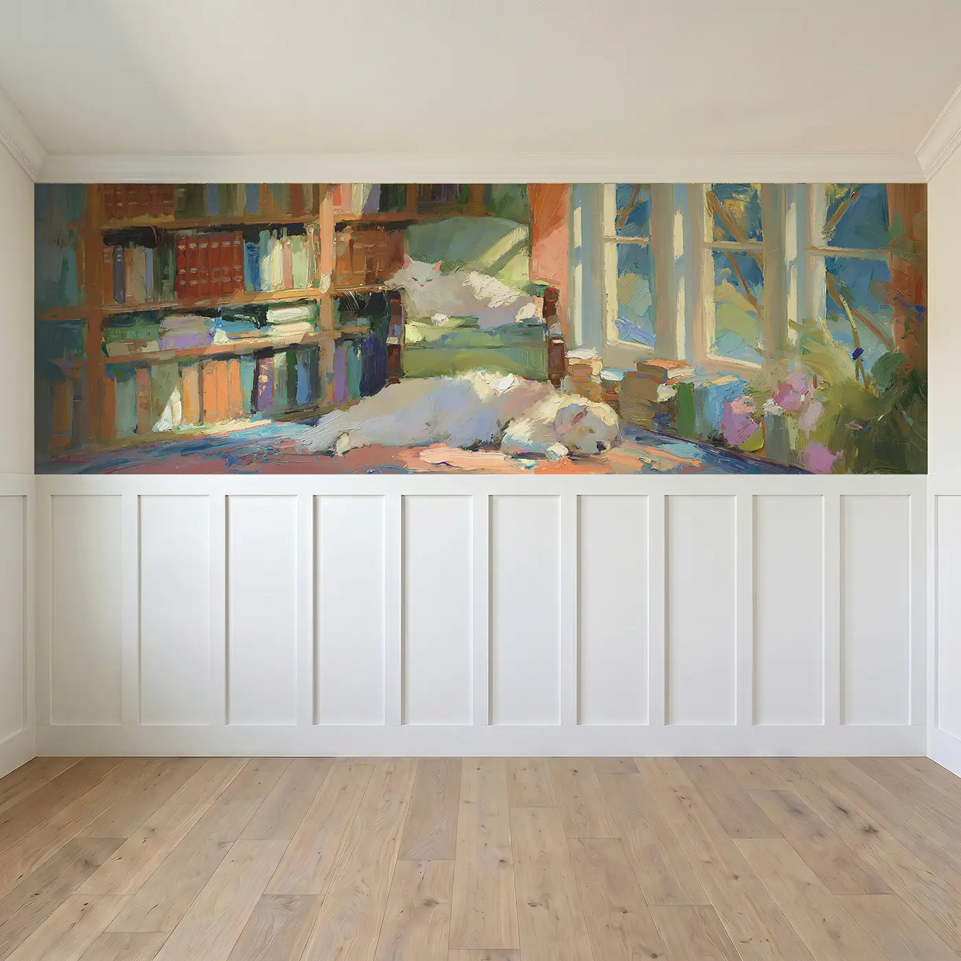Full panel view of Cat Chrysanthemum Branch Toile Wainscoting Wallpaper by Whimsy Tots